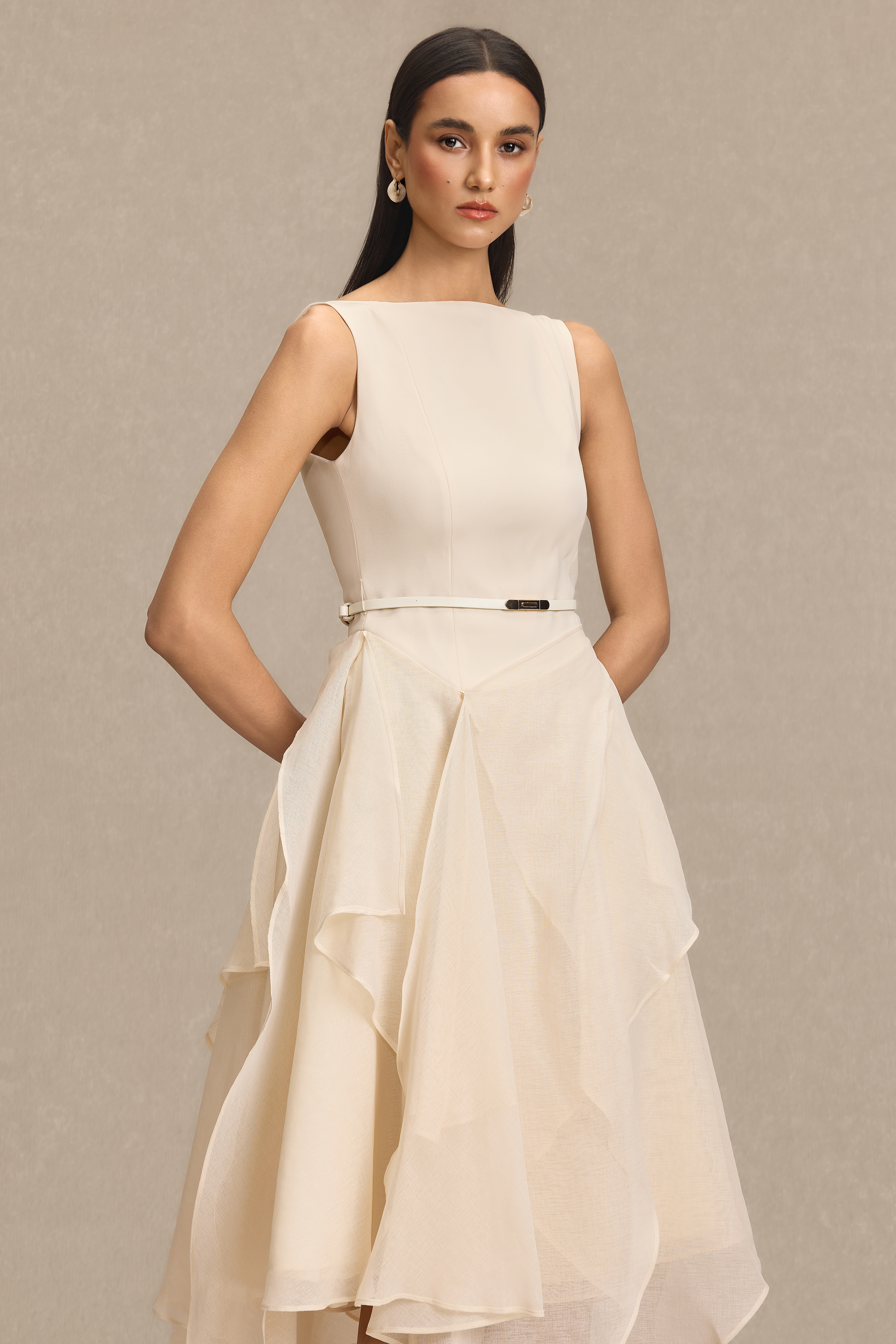 Solid Ruffle Midi Dress With Cape
