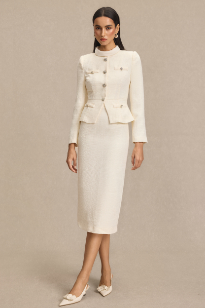 Stand Collar Rhinestone Button Top & Midi Skirt Set