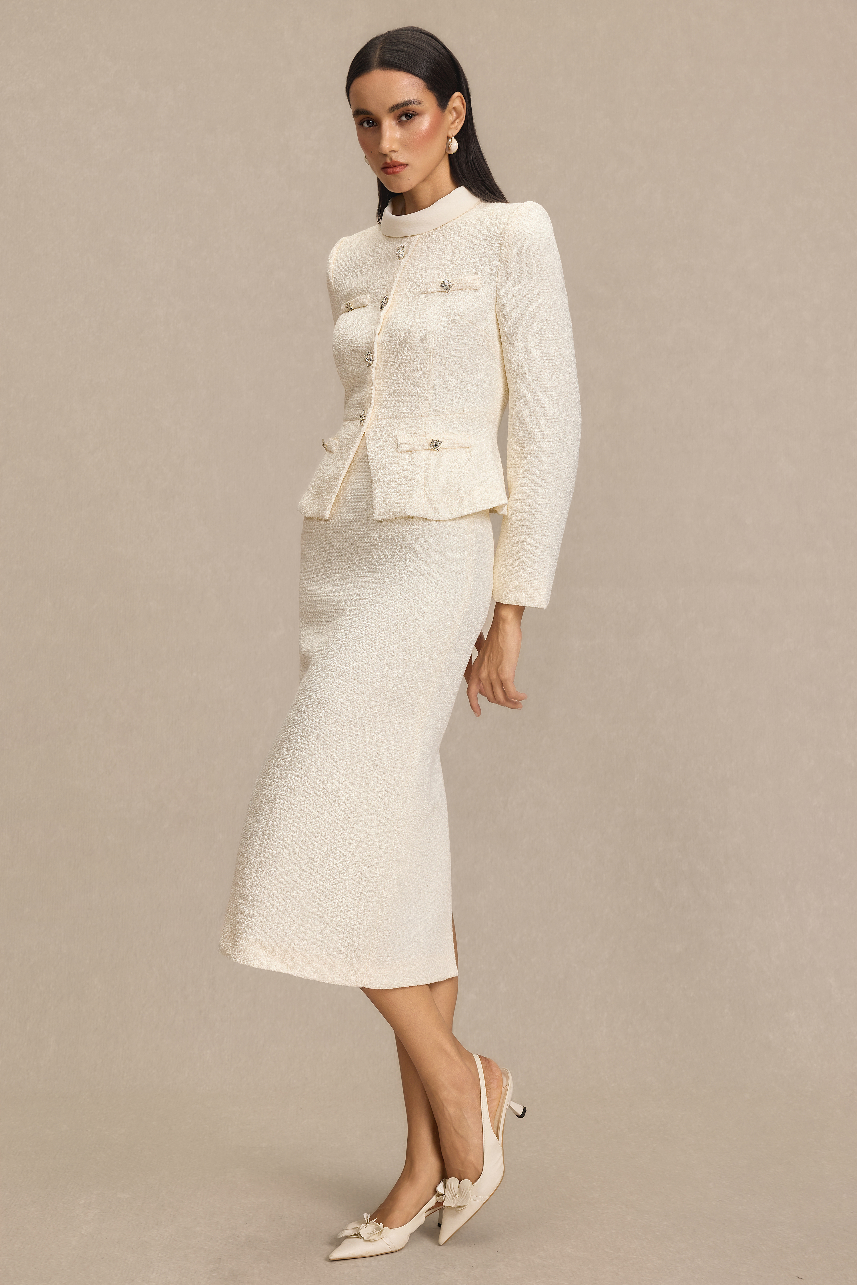 Stand Collar Rhinestone Button Top & Midi Skirt Set