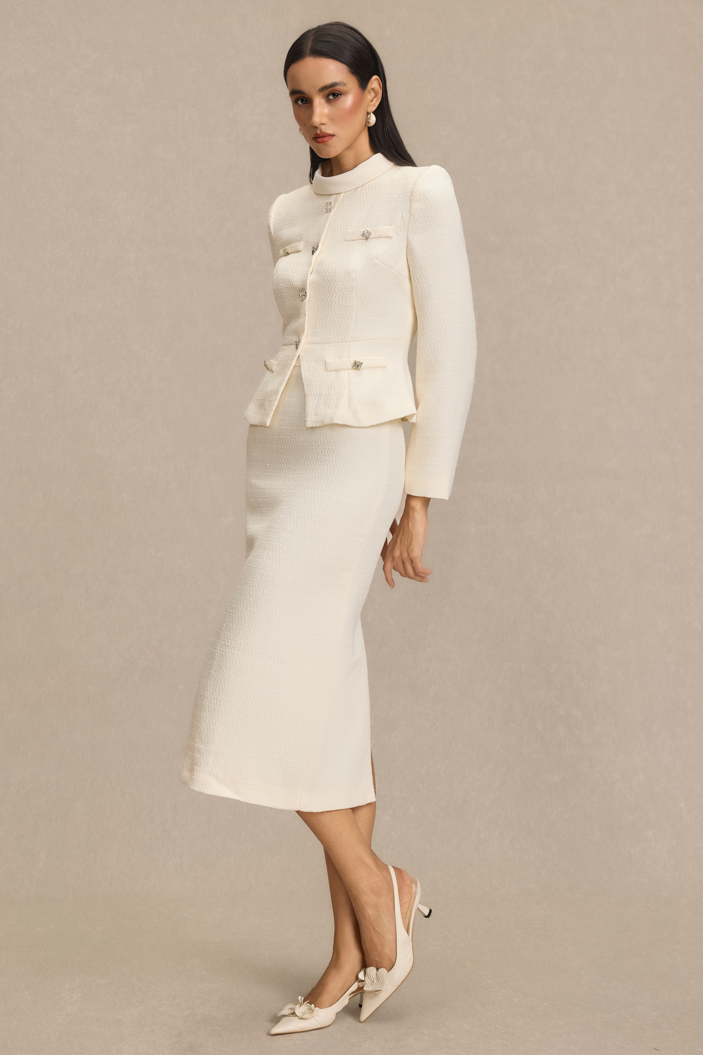 Stand Collar Rhinestone Button Top & Midi Skirt Set