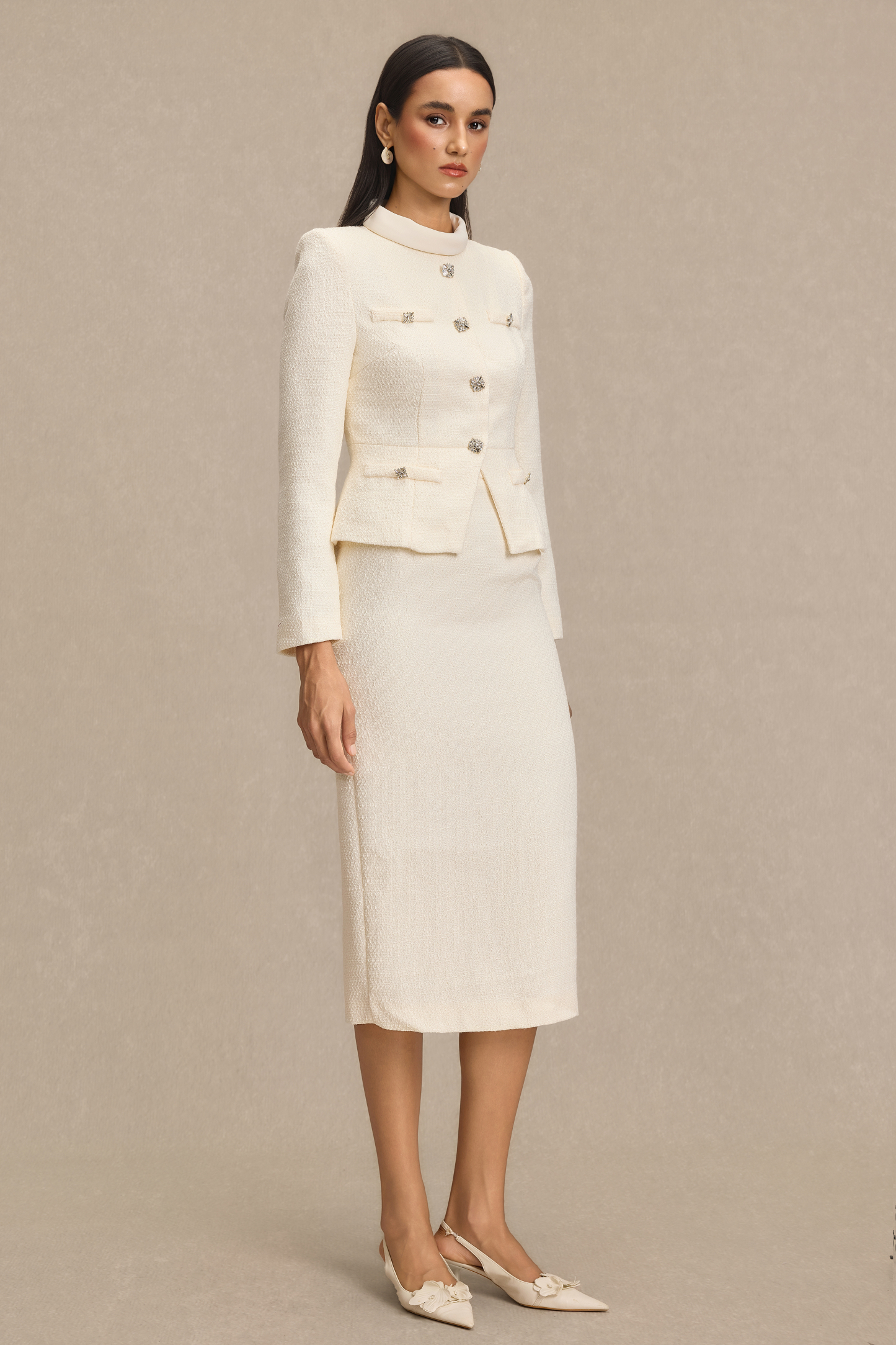 Stand Collar Rhinestone Button Top & Midi Skirt Set
