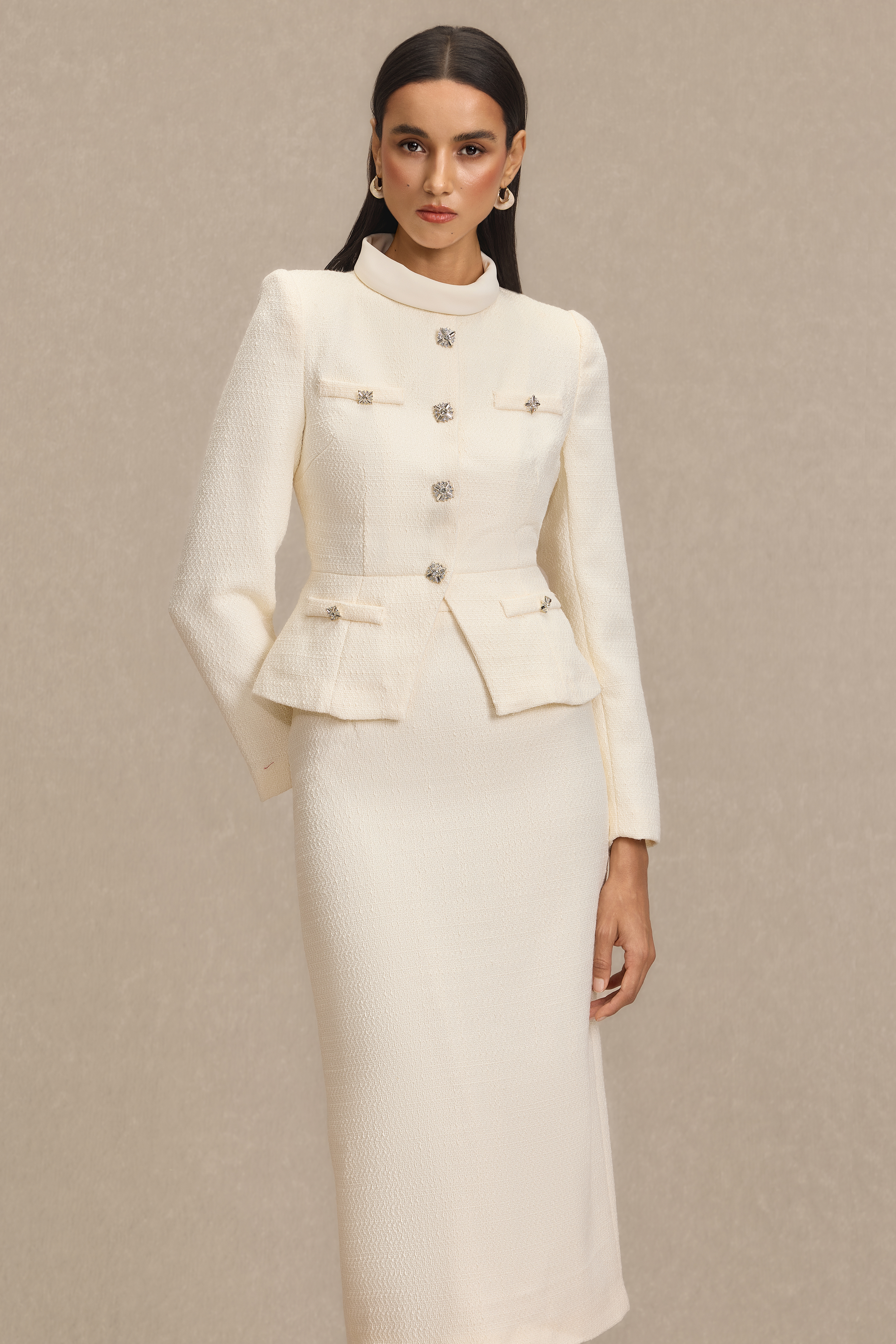 Stand Collar Rhinestone Button Top & Midi Skirt Set