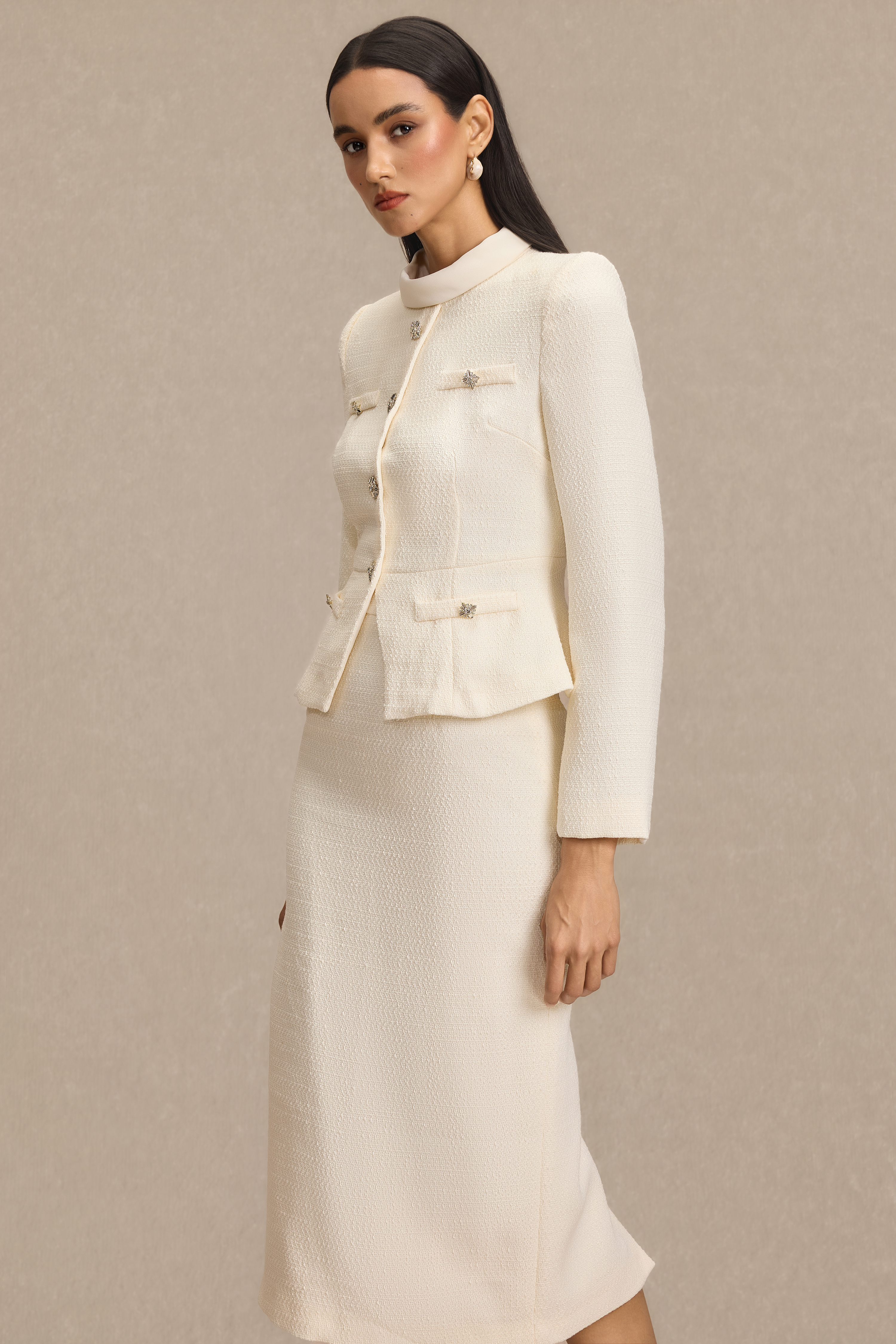 Stand Collar Rhinestone Button Top & Midi Skirt Set