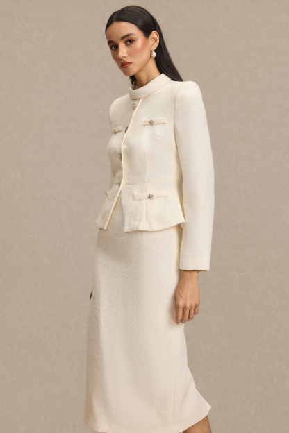 Stand Collar Rhinestone Button Top & Midi Skirt Set