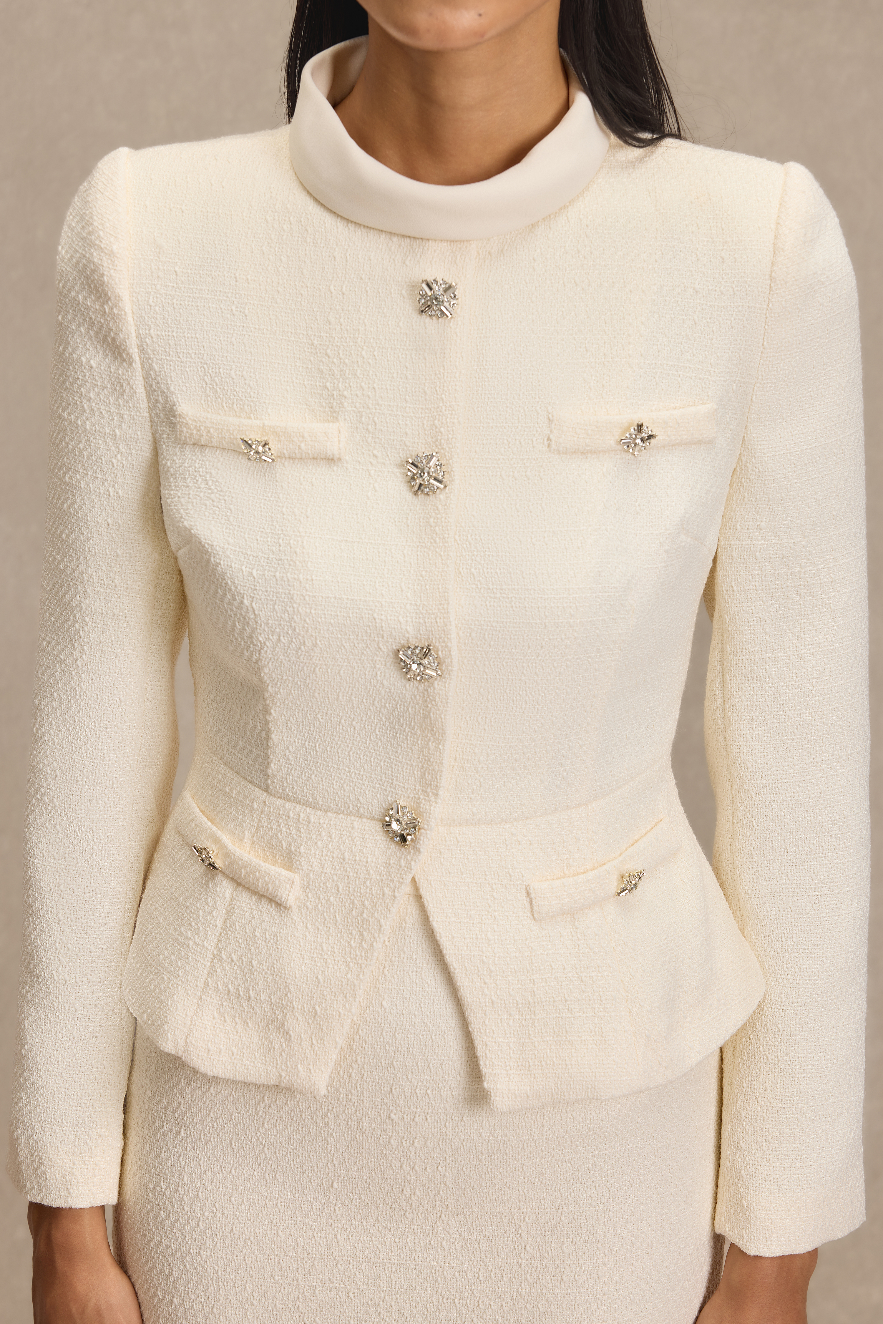 Stand Collar Rhinestone Button Top & Midi Skirt Set