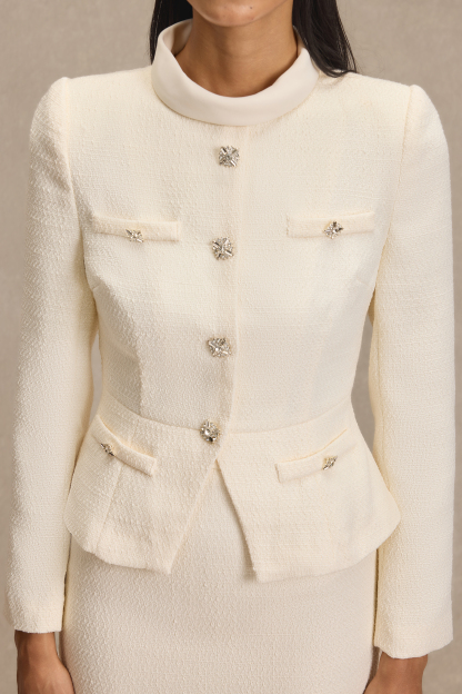 Stand Collar Rhinestone Button Top & Midi Skirt Set
