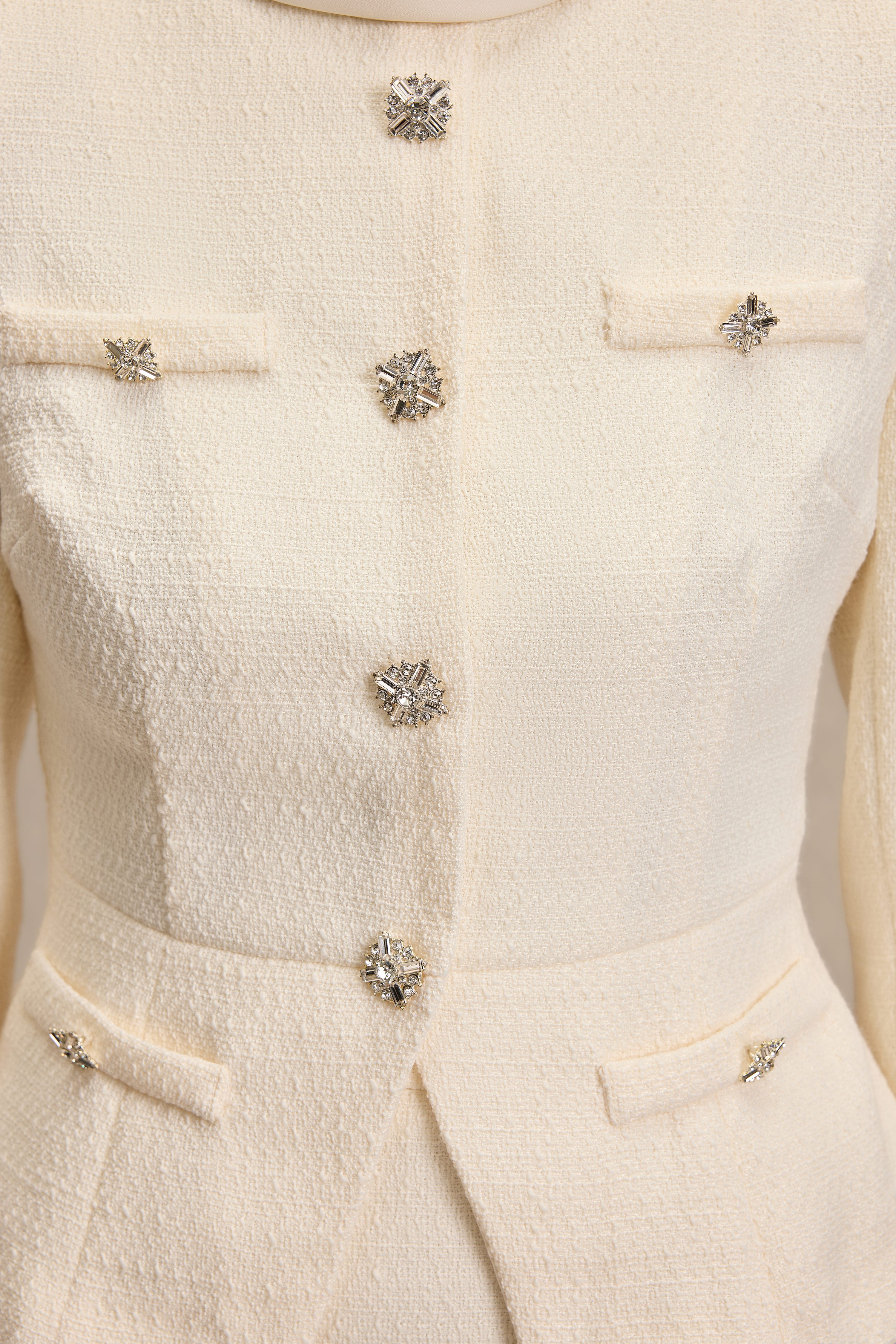 Stand Collar Rhinestone Button Top & Midi Skirt Set