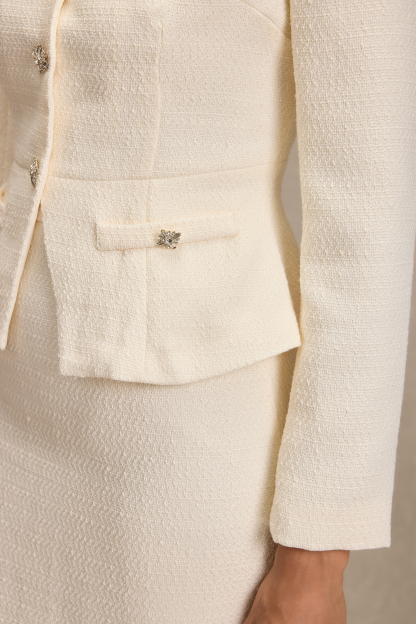 Stand Collar Rhinestone Button Top & Midi Skirt Set