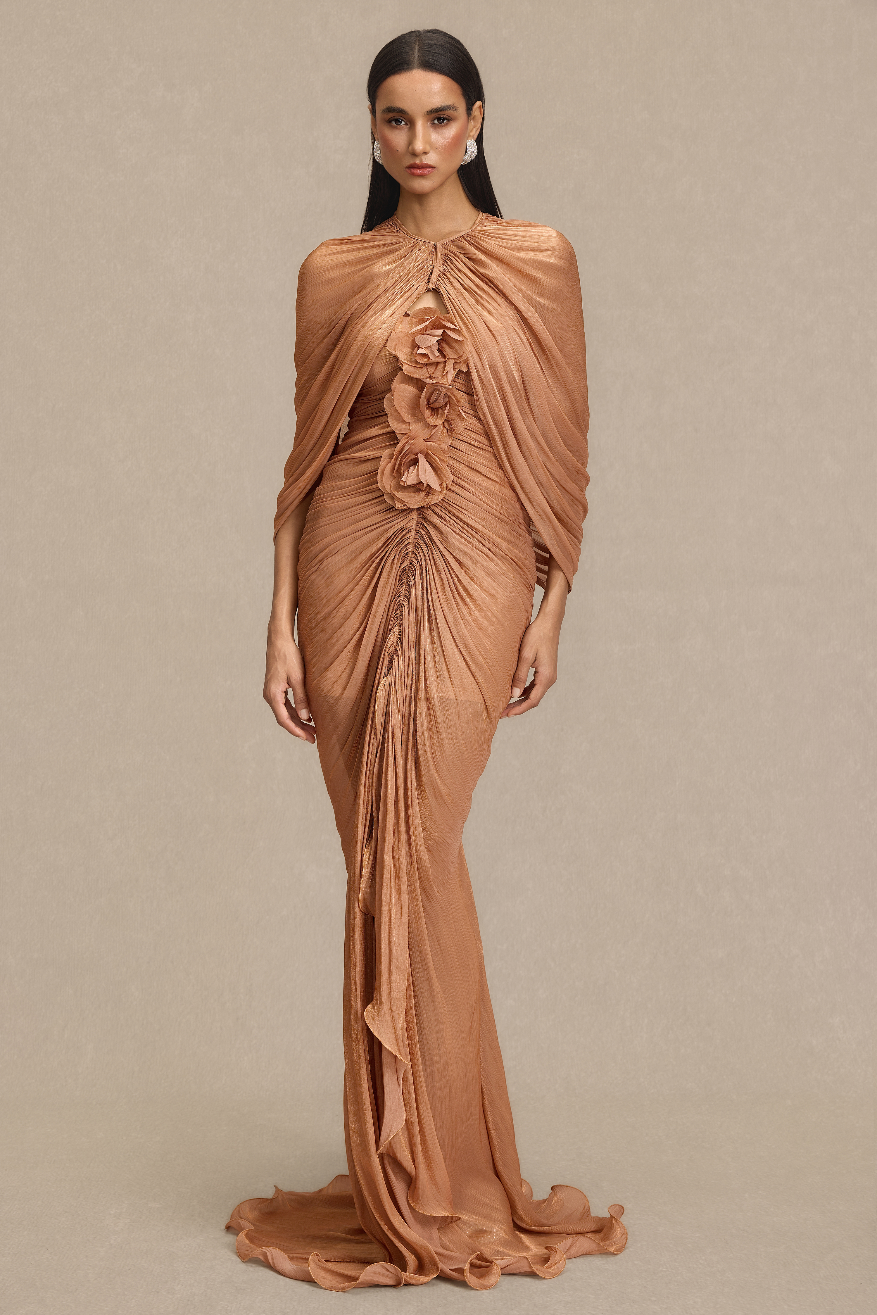 3D Flower Gathering Maxi Dress With Cape