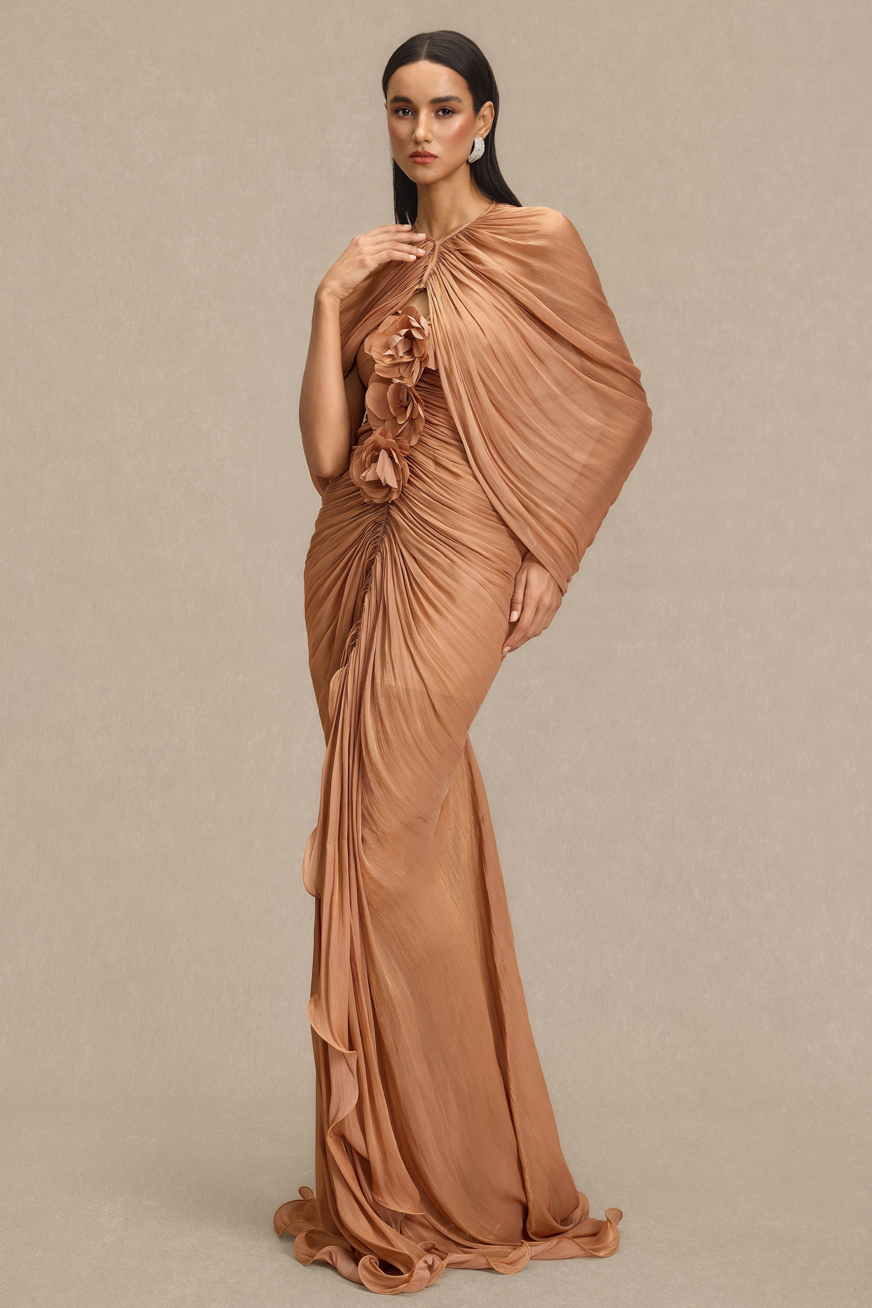 3D Flower Gathering Maxi Dress With Cape
