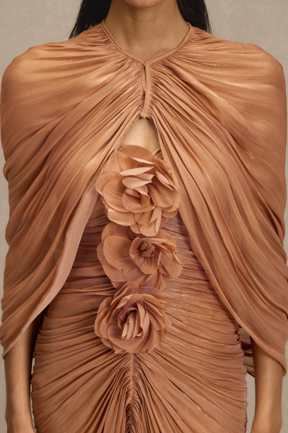 3D Flower Gathering Maxi Dress With Cape