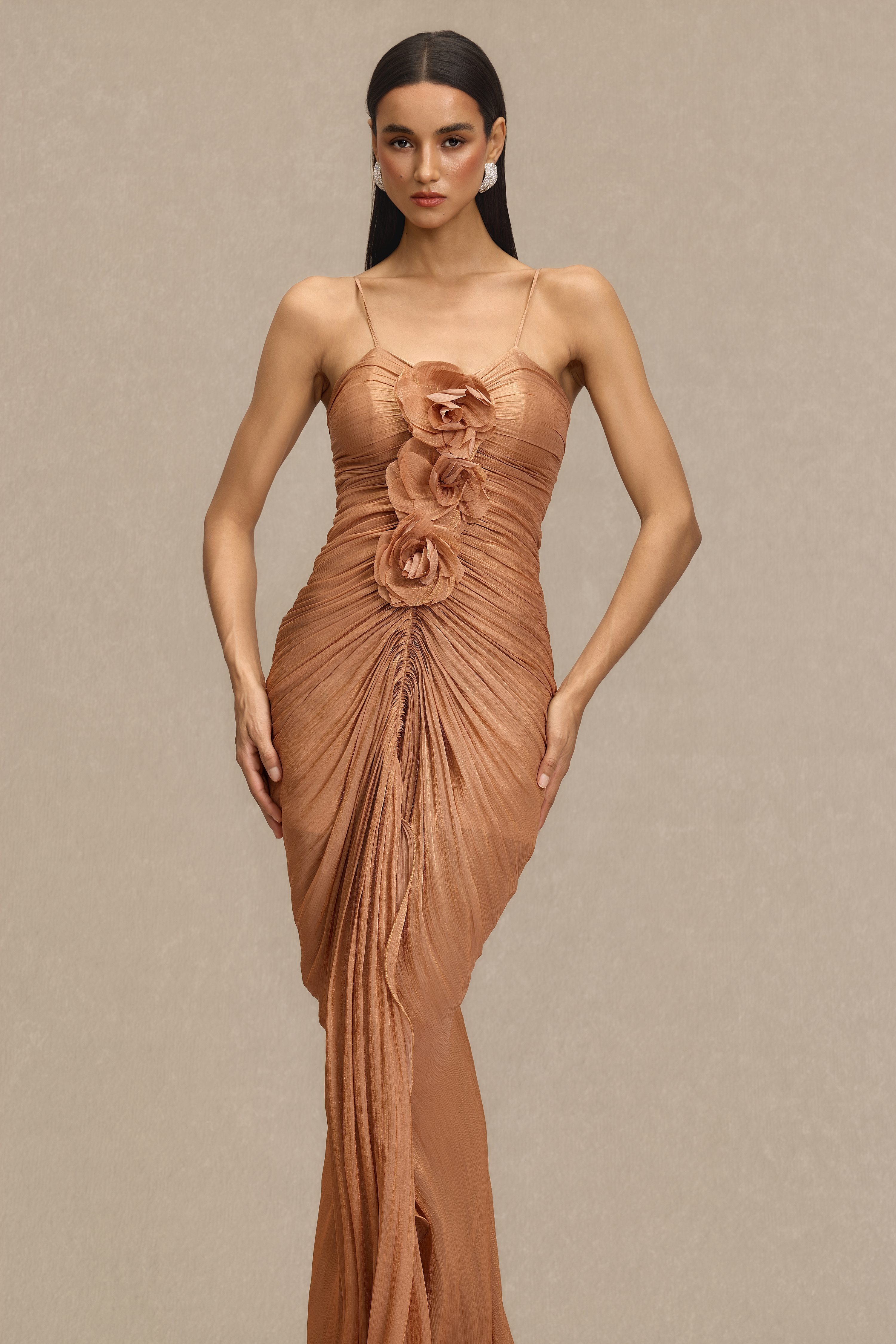 3D Flower Gathering Maxi Dress With Cape