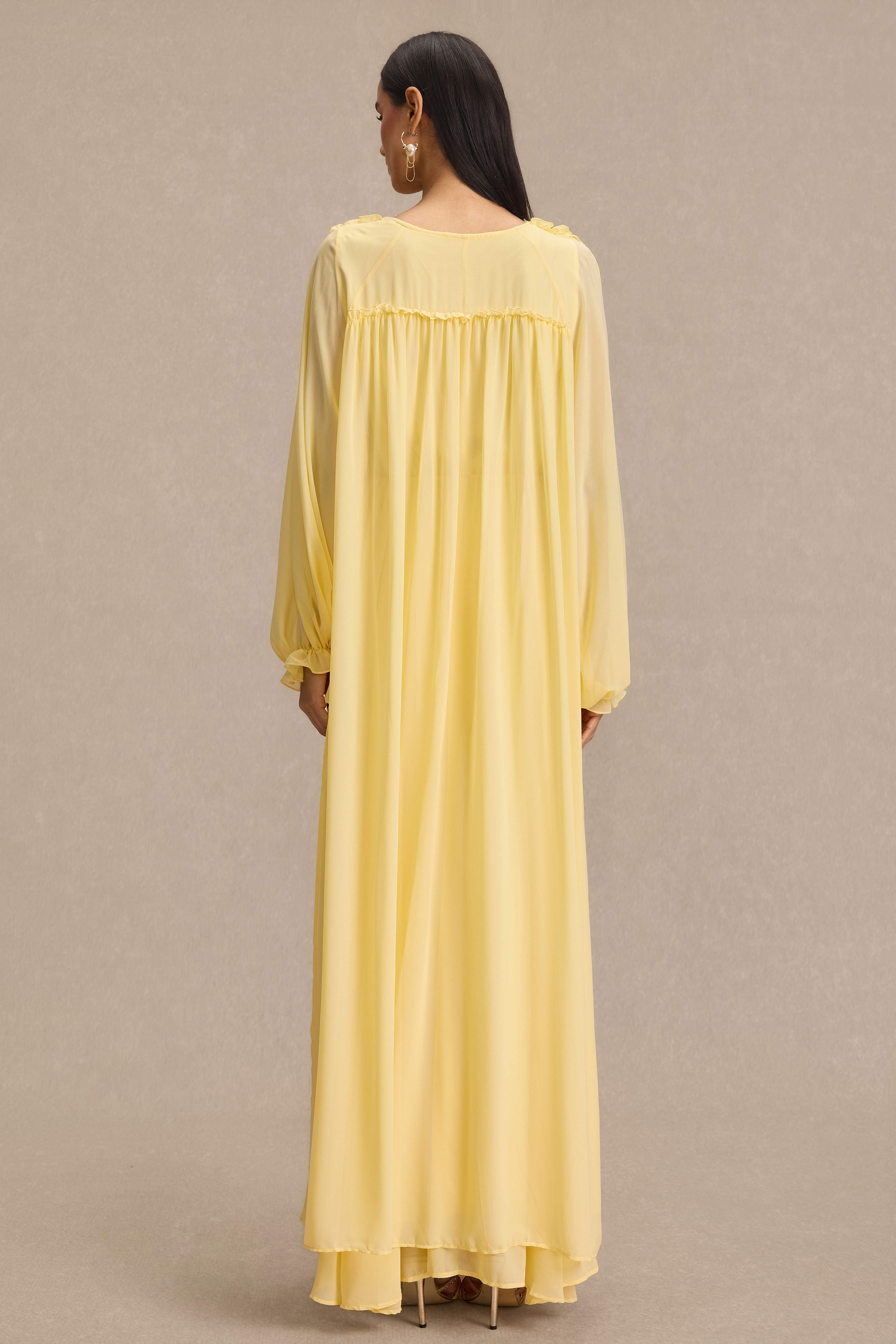 Lace Frill Lantern Sleeve Midi Dress