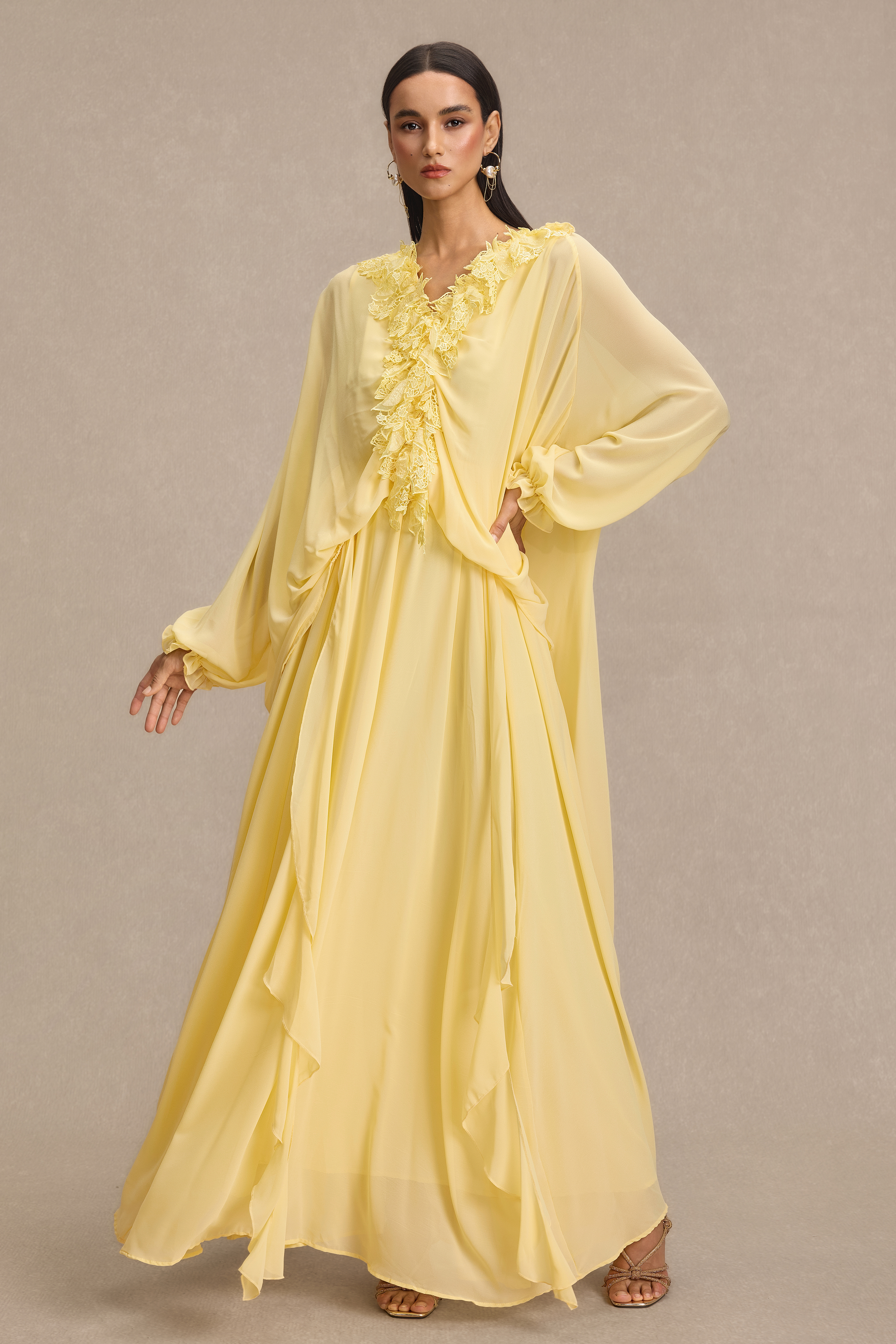 Lace Frill Lantern Sleeve Midi Dress