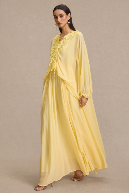 Lace Frill Lantern Sleeve Midi Dress