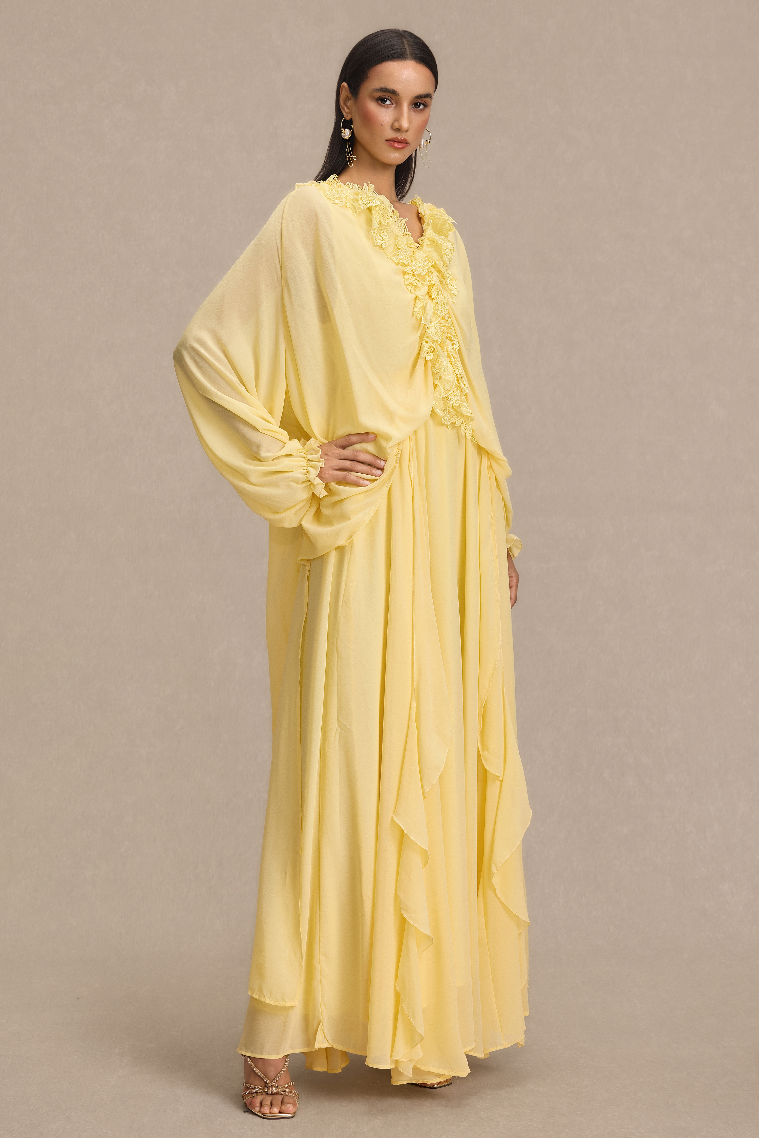 Lace Frill Lantern Sleeve Midi Dress