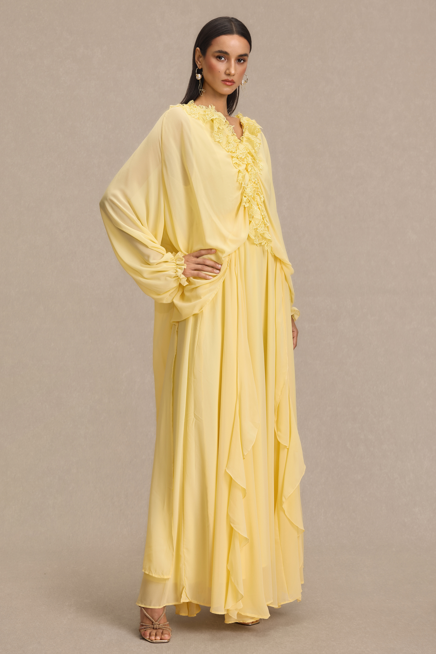 Lace Frill Lantern Sleeve Midi Dress