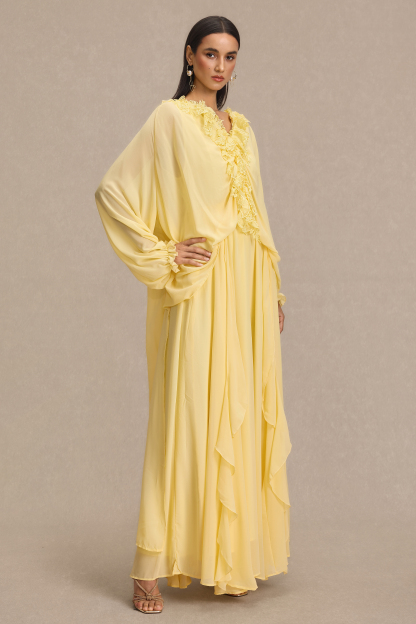Lace Frill Lantern Sleeve Midi Dress