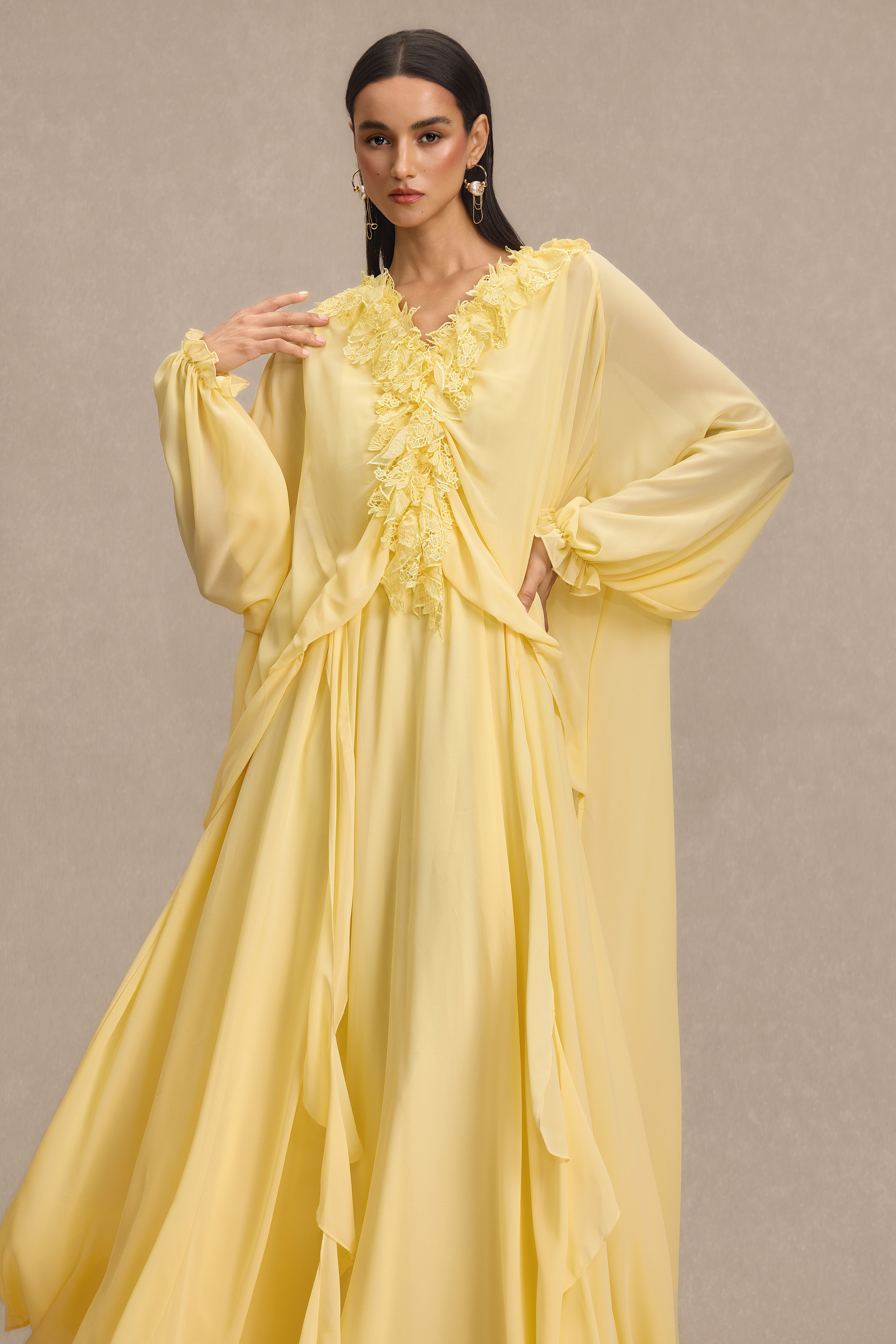 Lace Frill Lantern Sleeve Midi Dress
