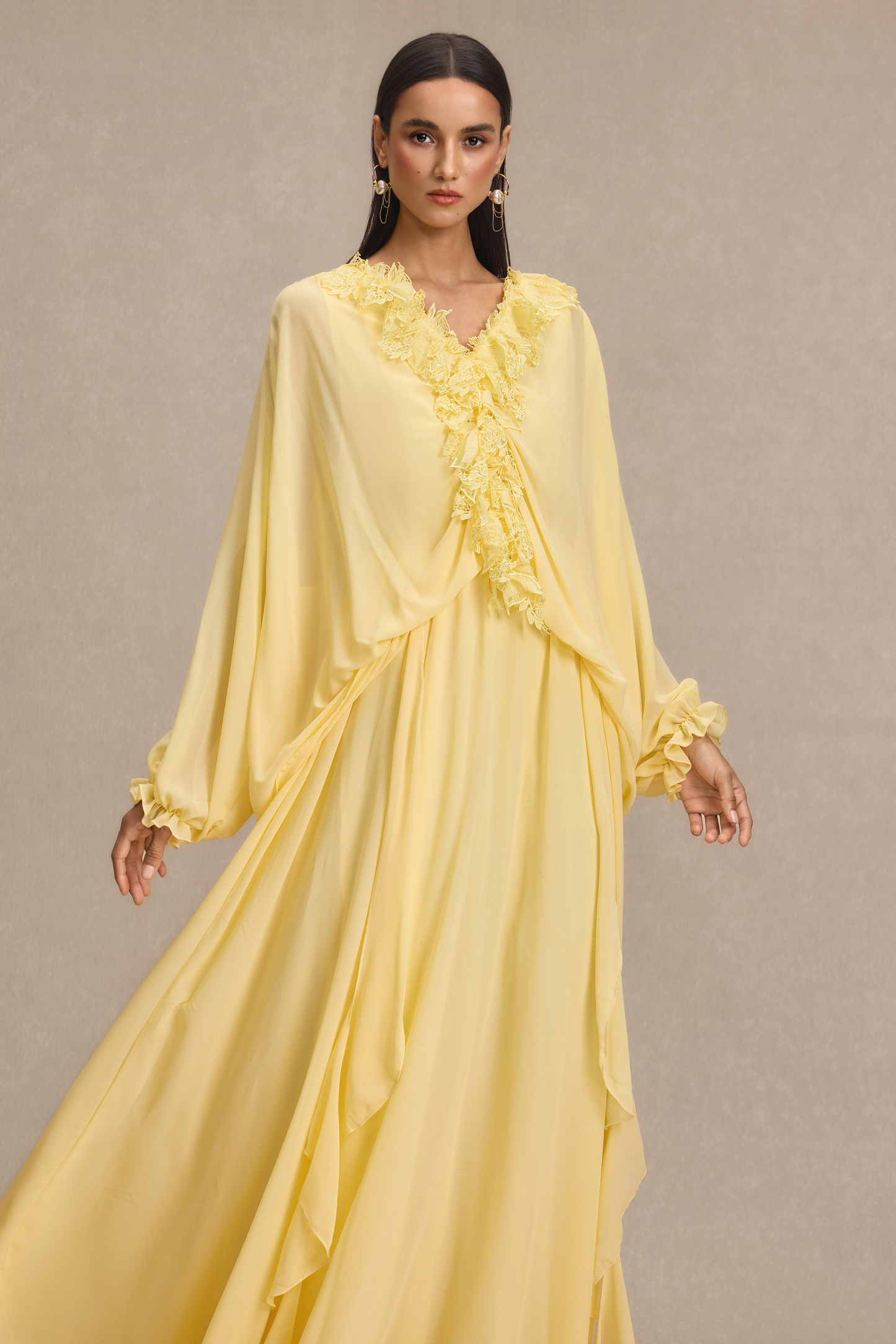 Lace Frill Lantern Sleeve Midi Dress
