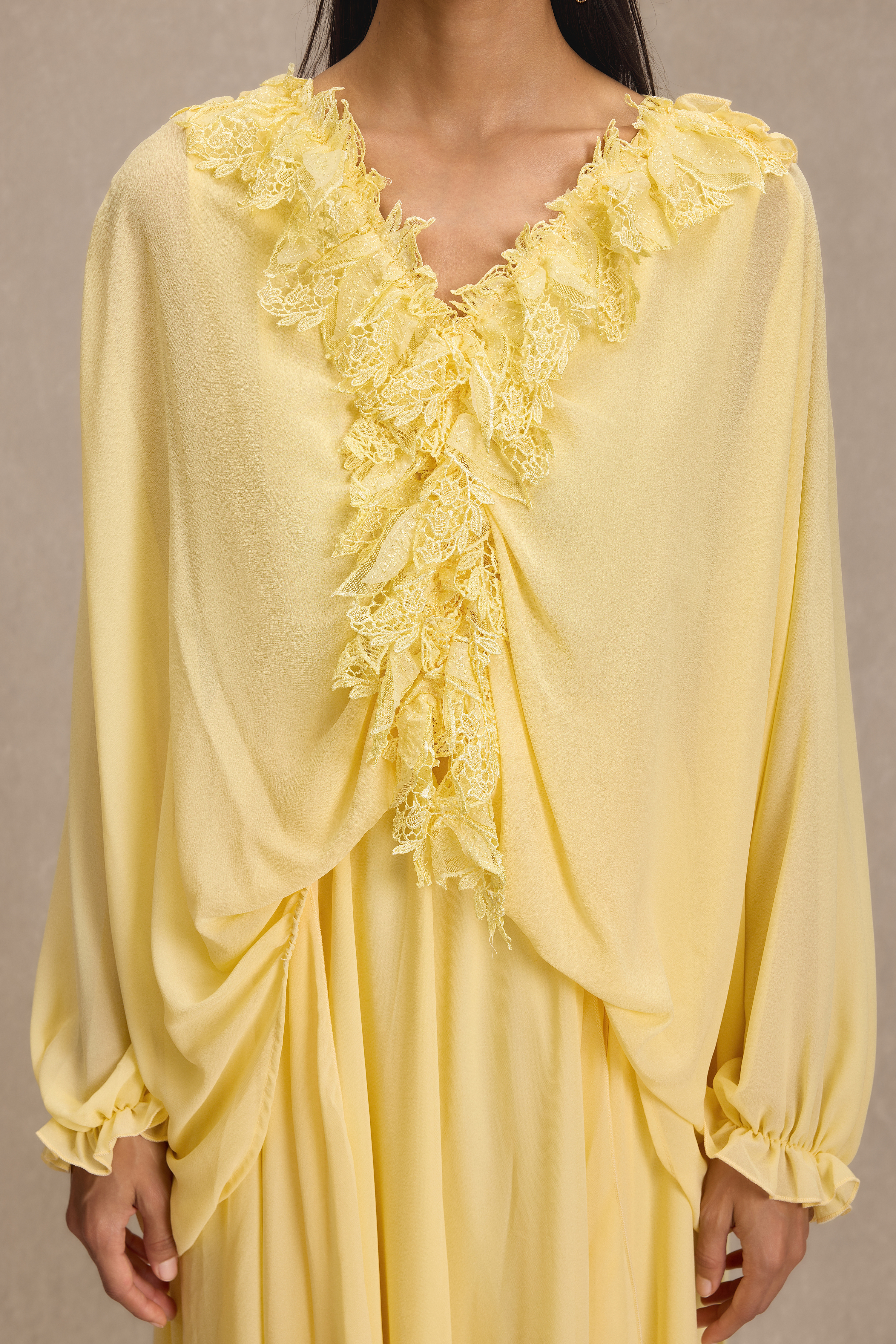 Lace Frill Lantern Sleeve Midi Dress