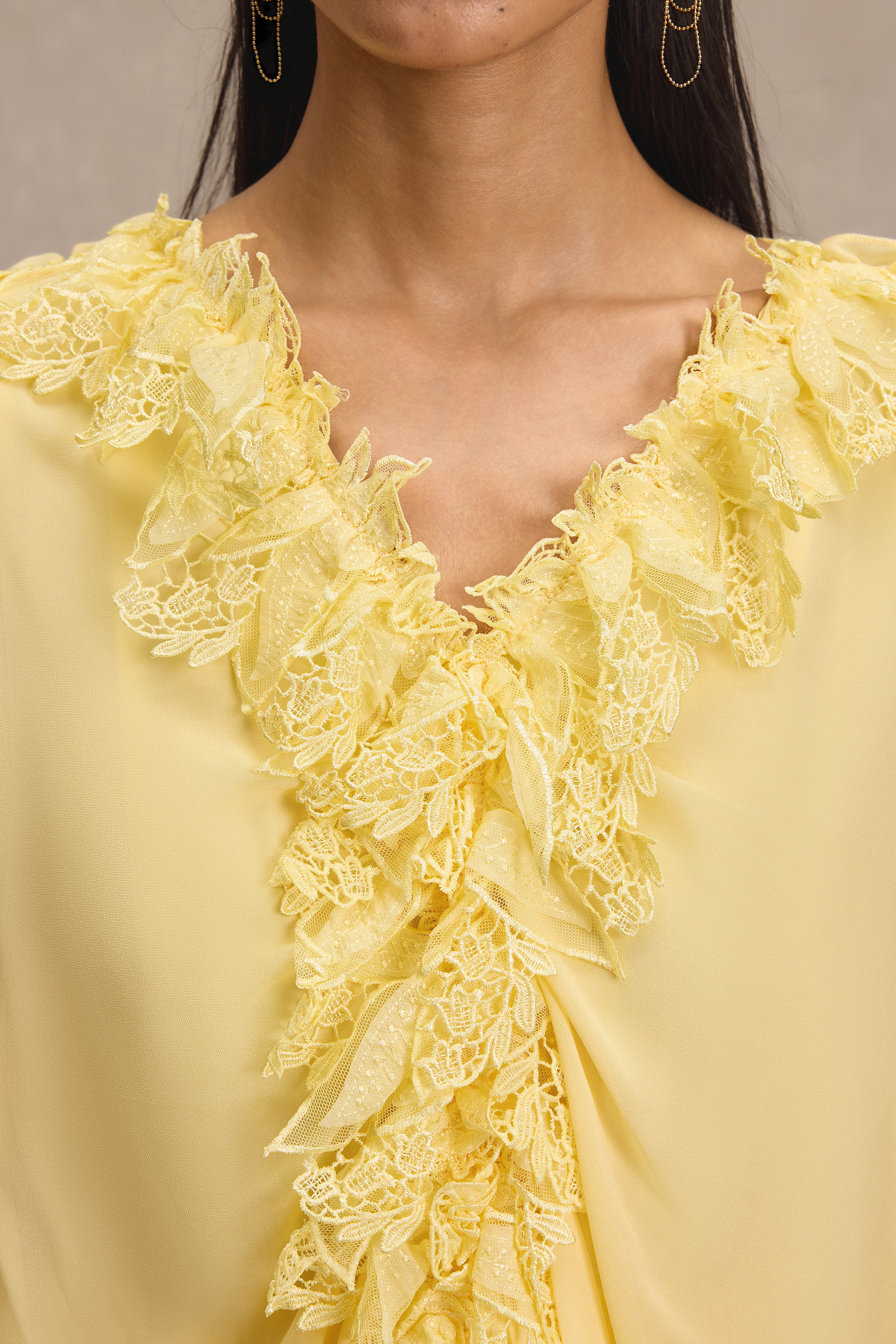 Lace Frill Lantern Sleeve Midi Dress