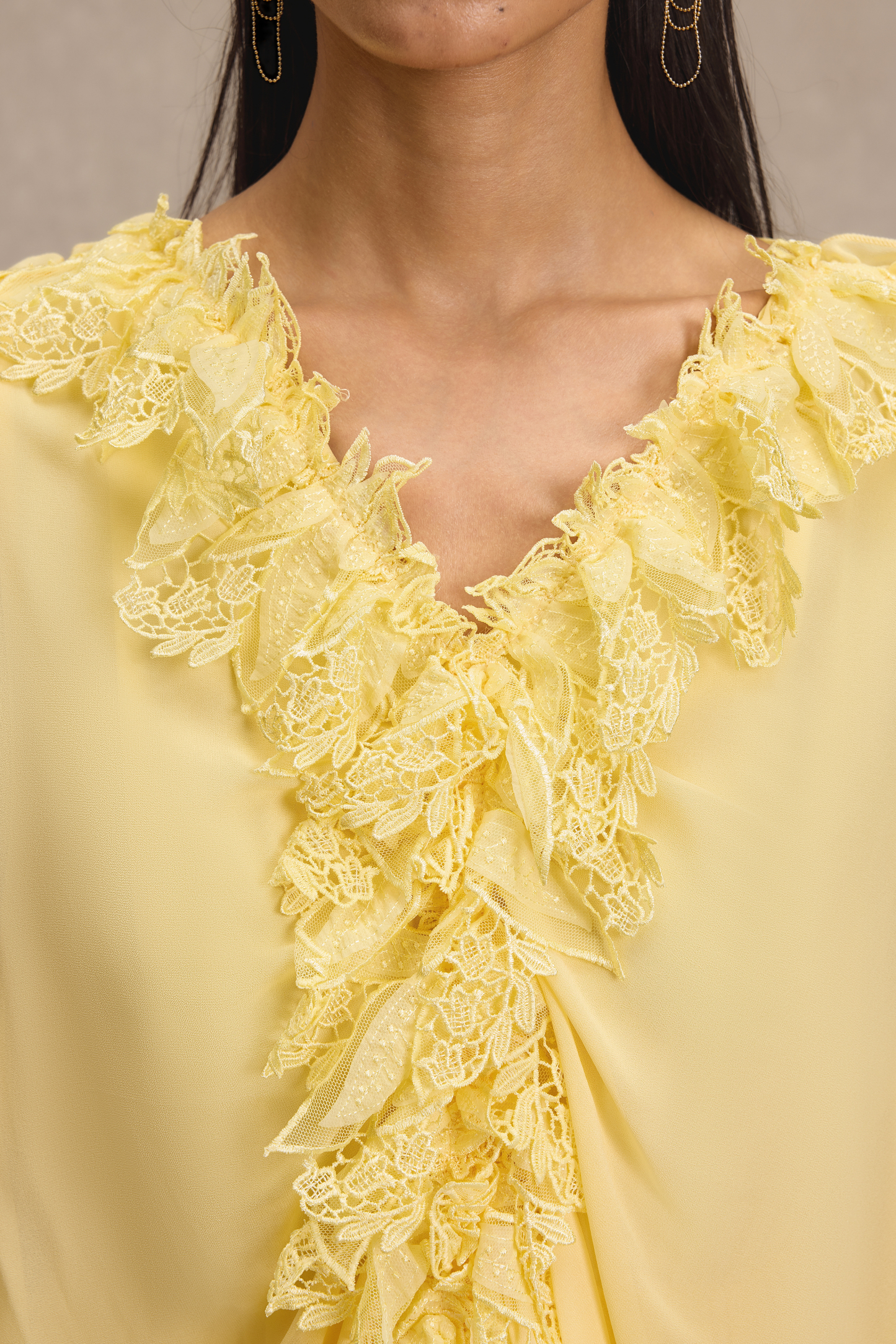 Lace Frill Lantern Sleeve Midi Dress