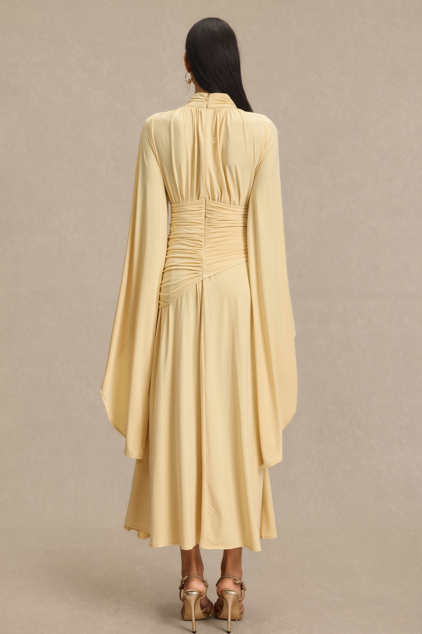 Jersey Ruched Bell Sleeve Midi Dress