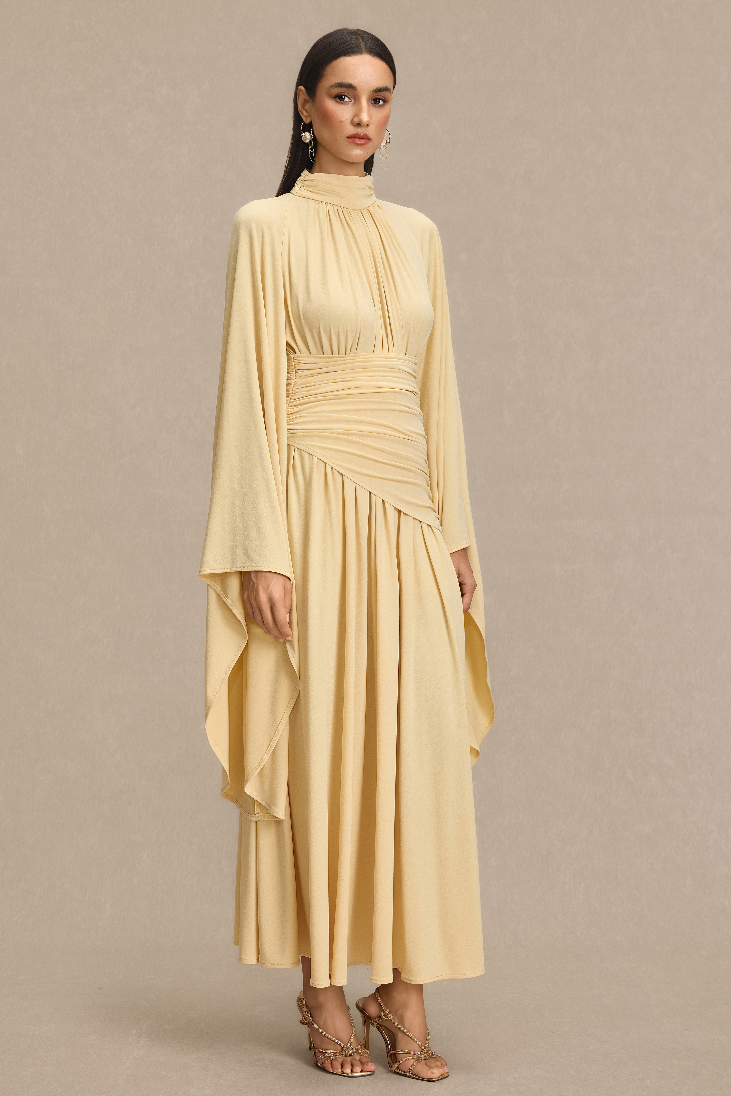 Jersey Ruched Bell Sleeve Midi Dress