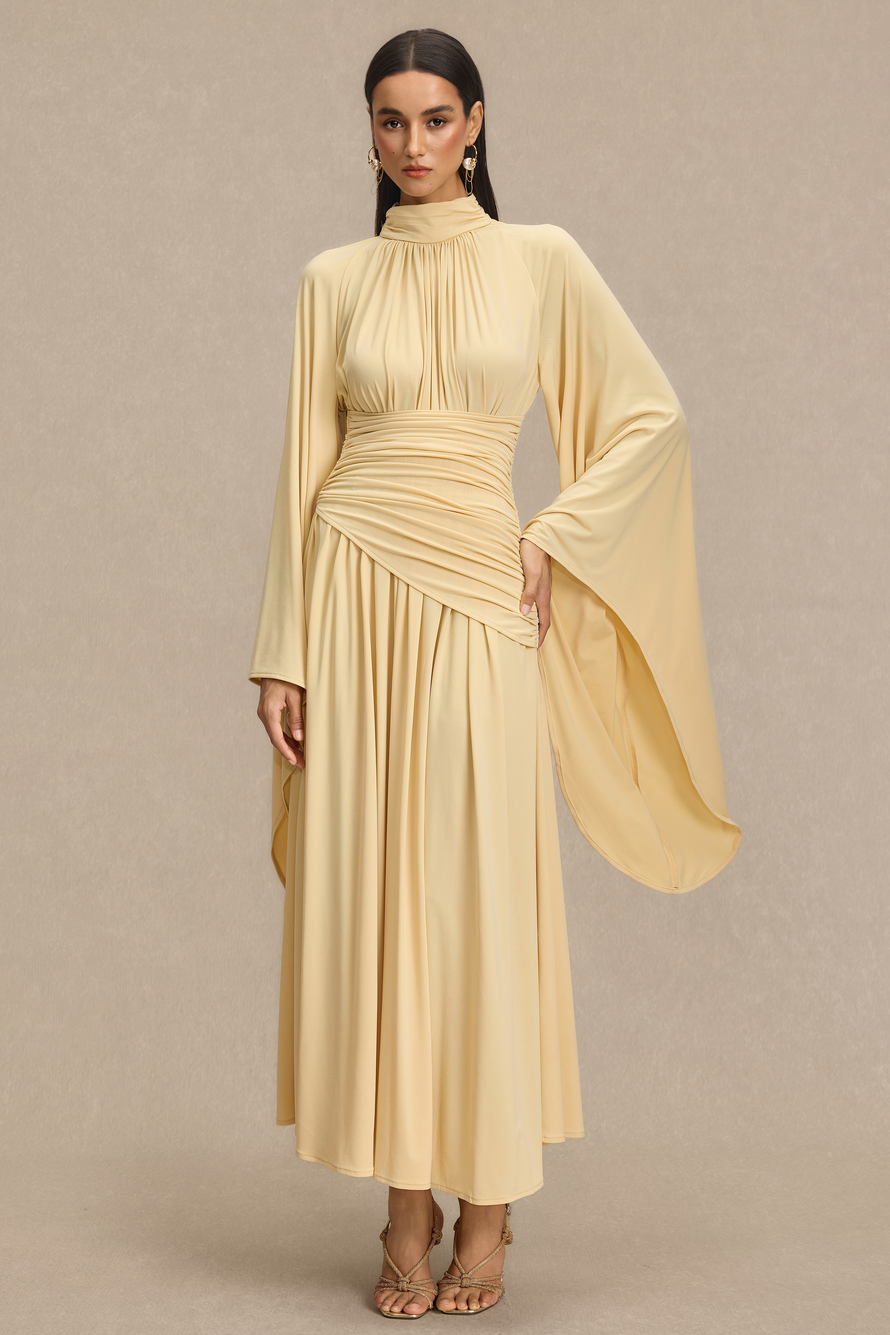 Jersey Ruched Bell Sleeve Midi Dress