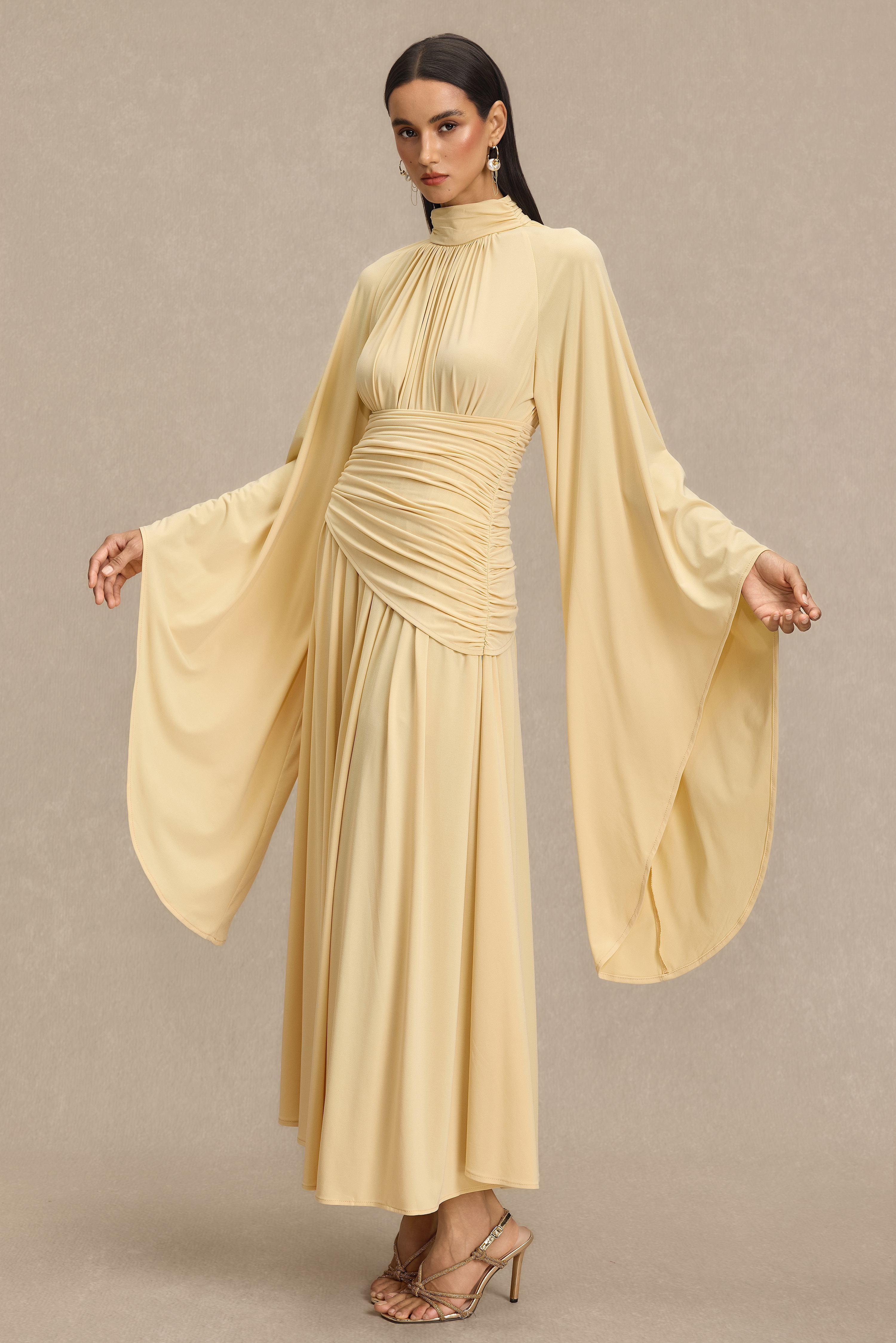 Jersey Ruched Bell Sleeve Midi Dress