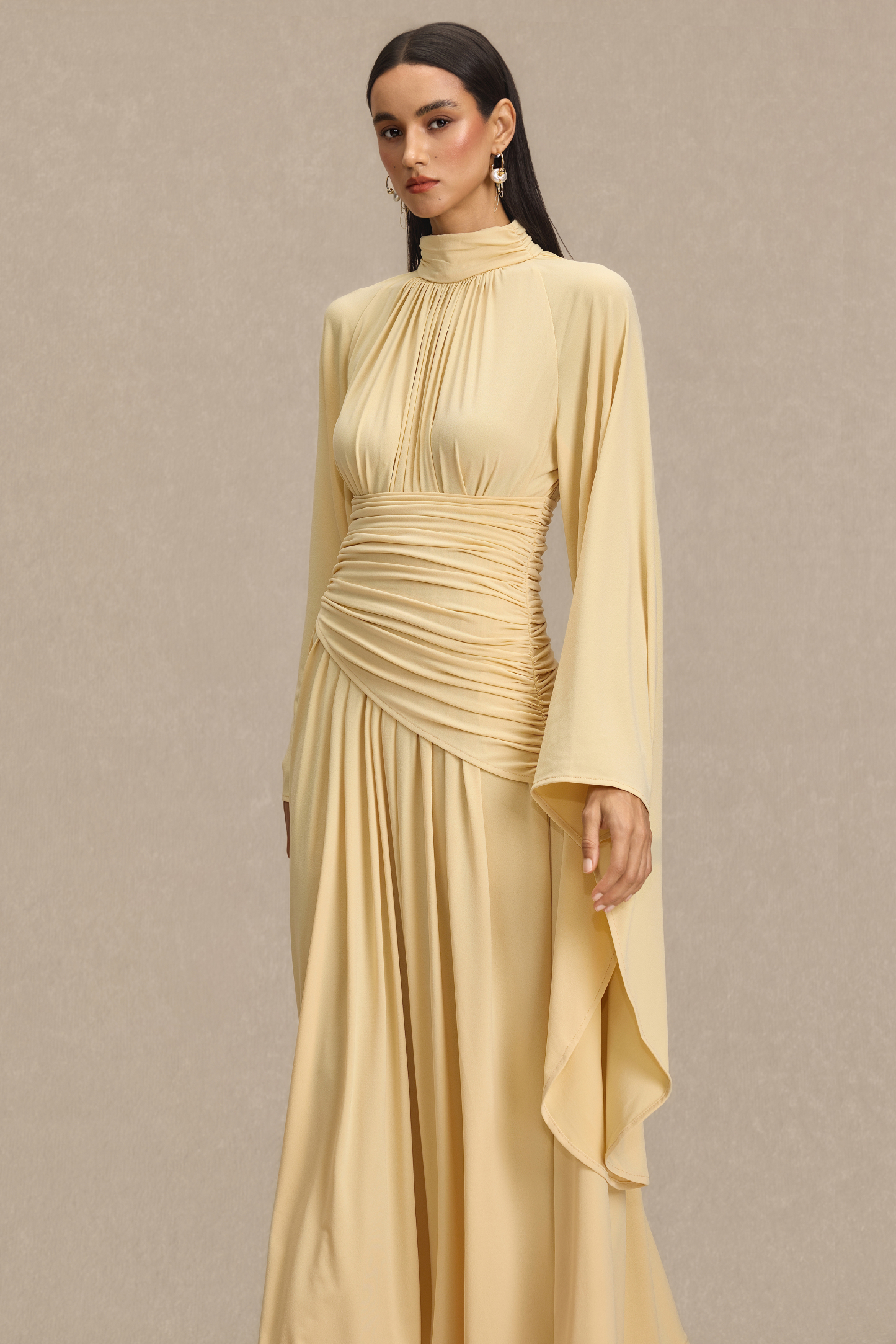Jersey Ruched Bell Sleeve Midi Dress