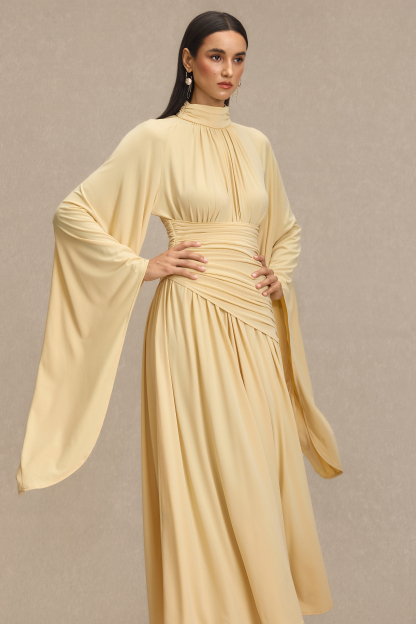 Jersey Ruched Bell Sleeve Midi Dress