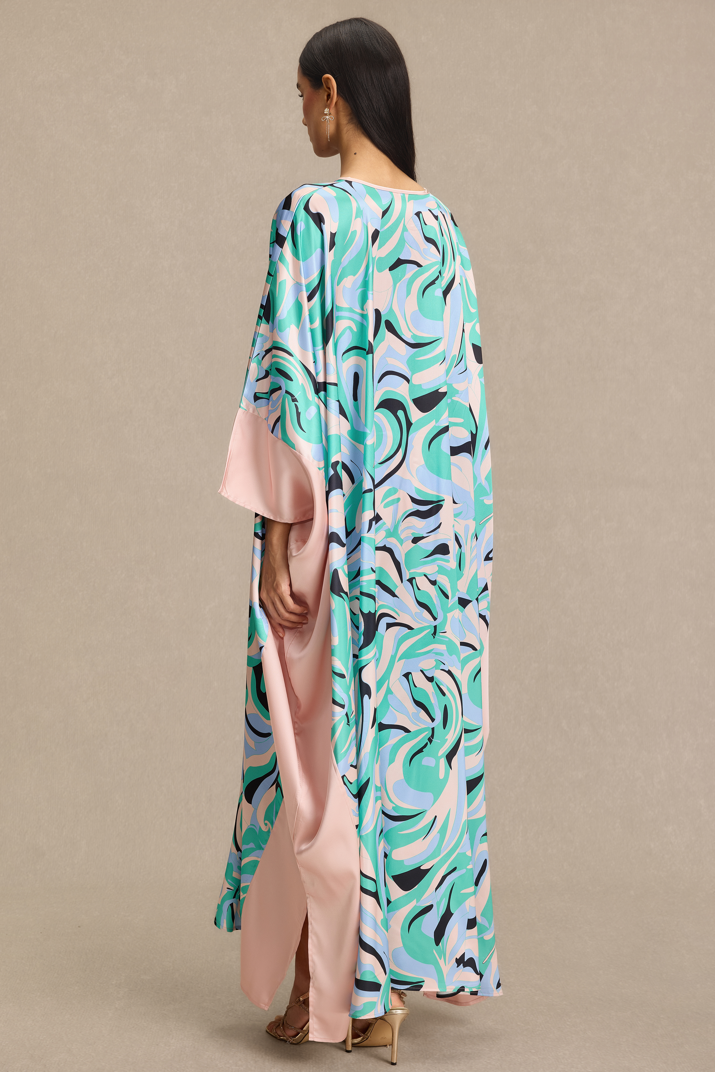 Abstract Print Batwing Sleeve Lace-Up Maxi Dress