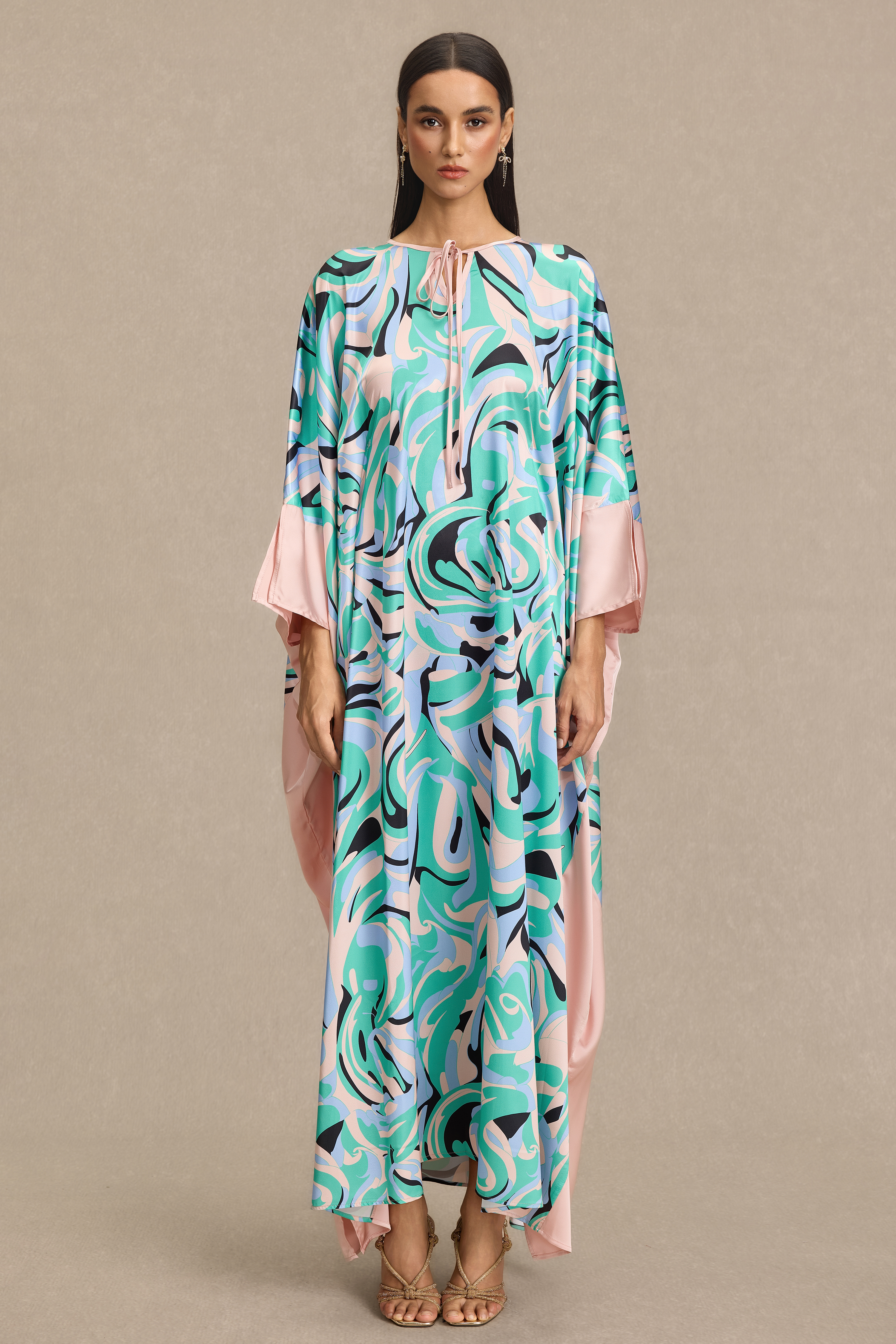 Abstract Print Batwing Sleeve Lace-Up Maxi Dress