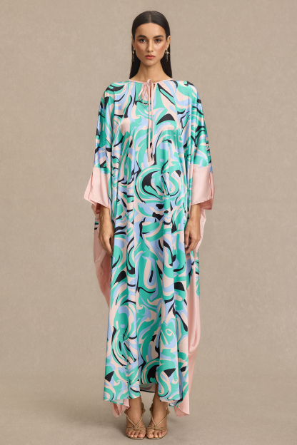 Abstract Print Batwing Sleeve Lace-Up Maxi Dress