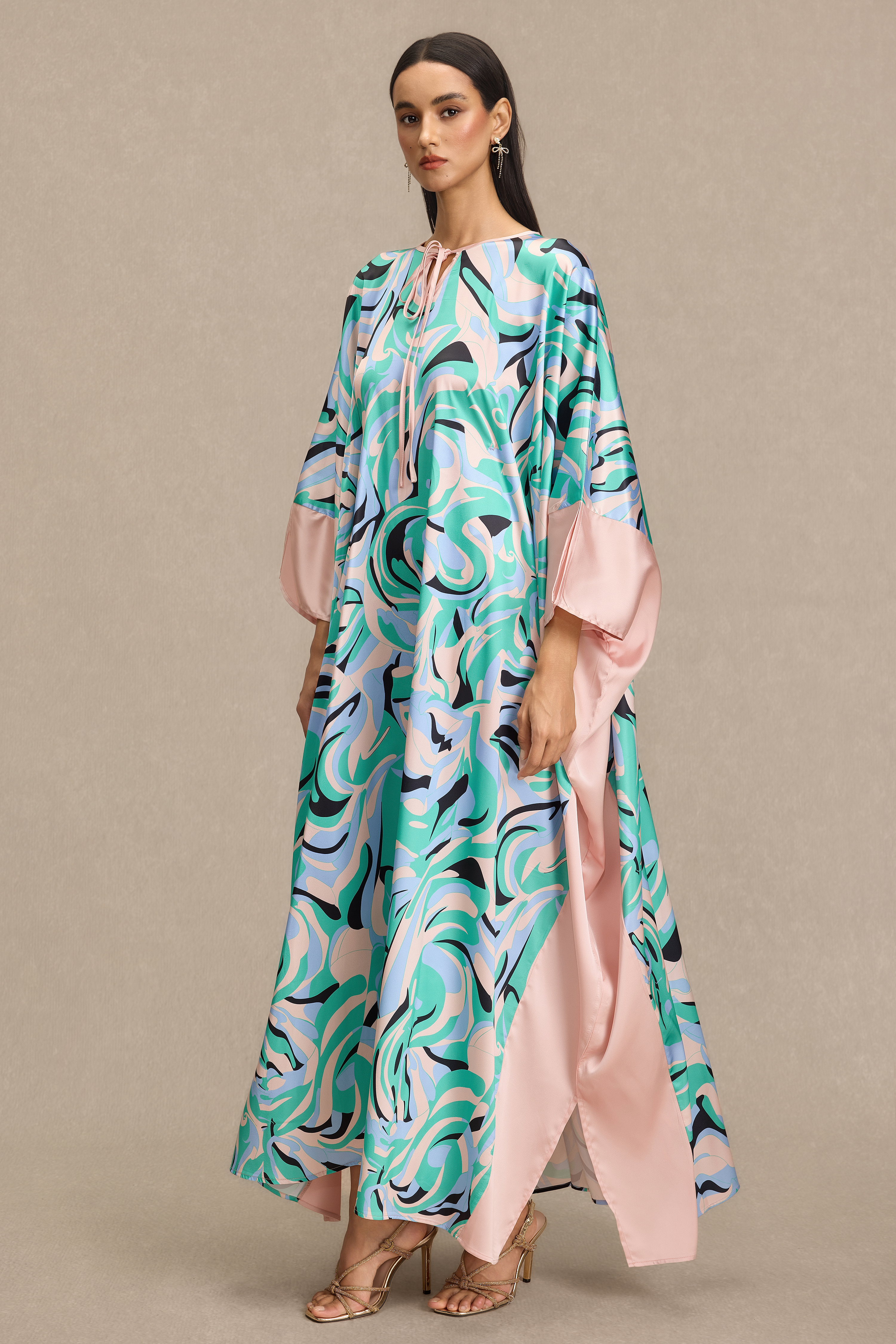 Abstract Print Batwing Sleeve Lace-Up Maxi Dress