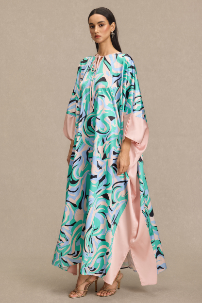 Abstract Print Batwing Sleeve Lace-Up Maxi Dress