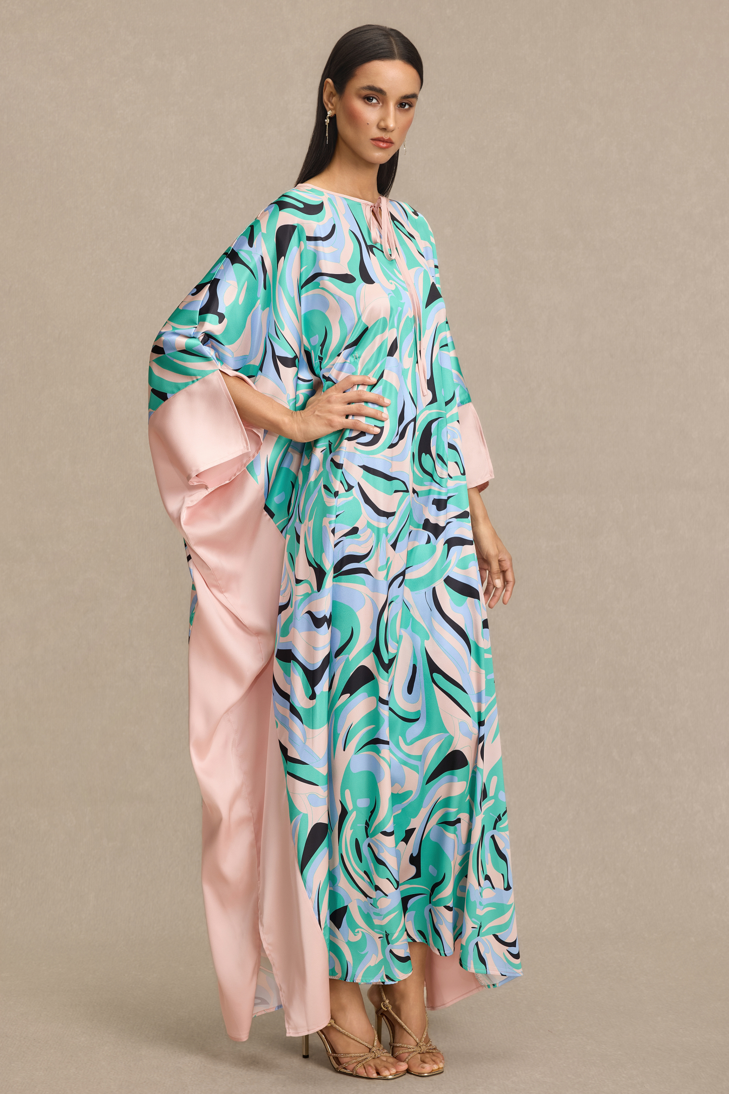 Abstract Print Batwing Sleeve Lace-Up Maxi Dress