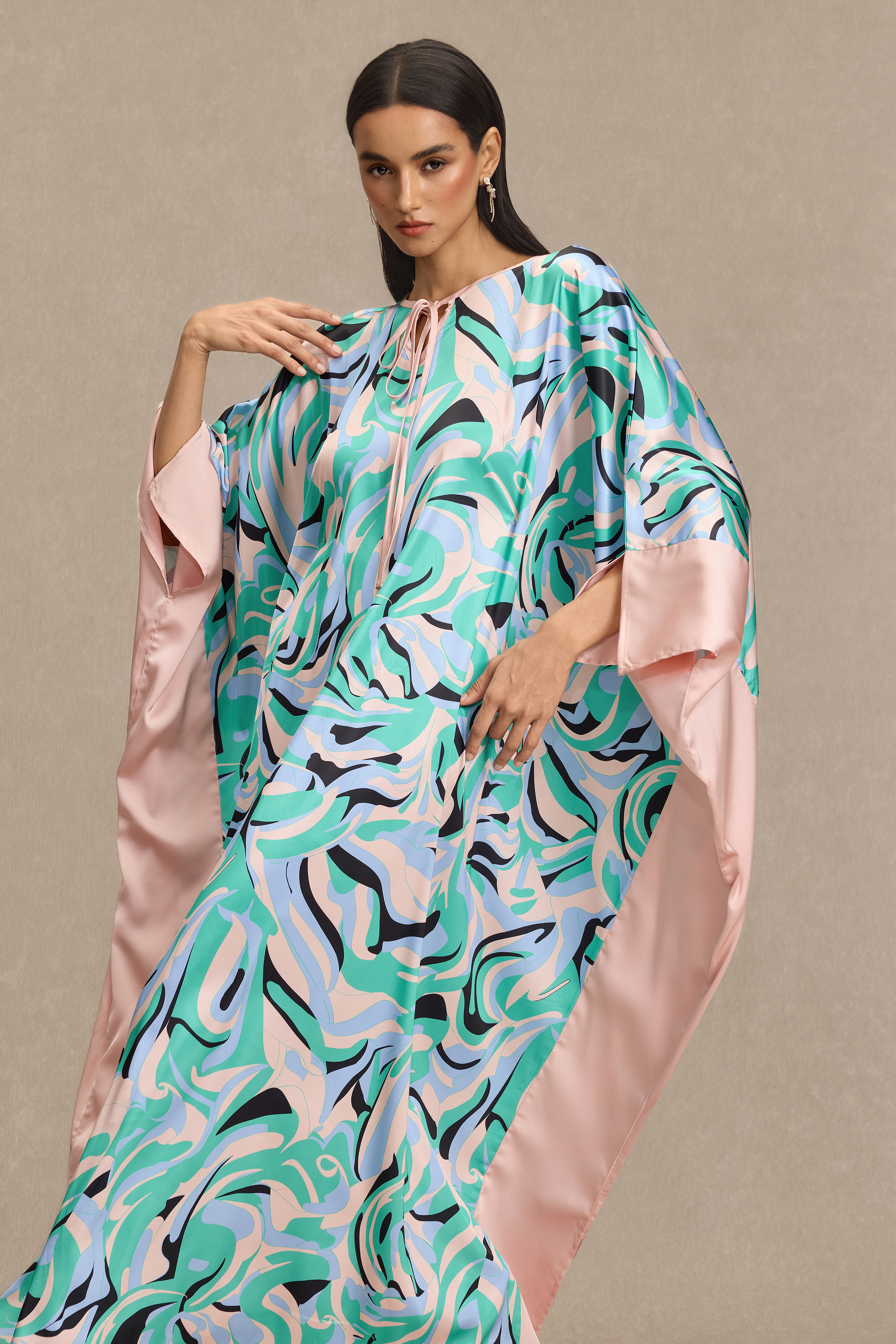 Abstract Print Batwing Sleeve Lace-Up Maxi Dress