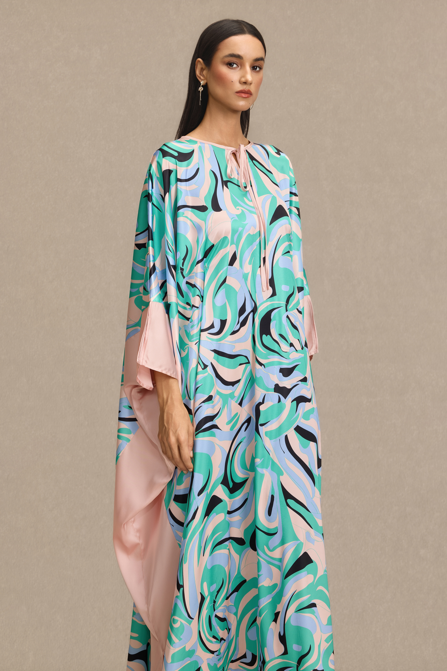 Abstract Print Batwing Sleeve Lace-Up Maxi Dress