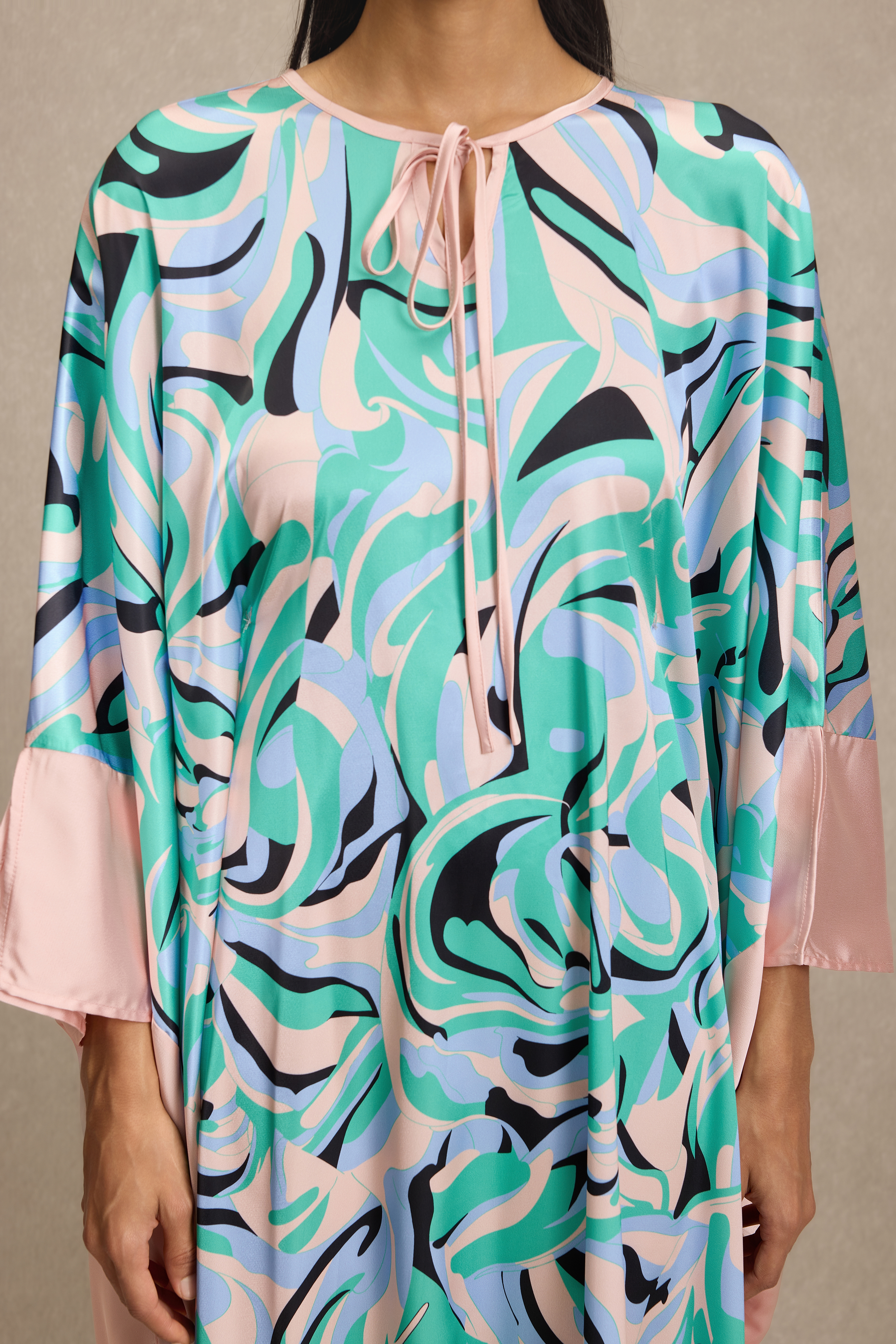 Abstract Print Batwing Sleeve Lace-Up Maxi Dress