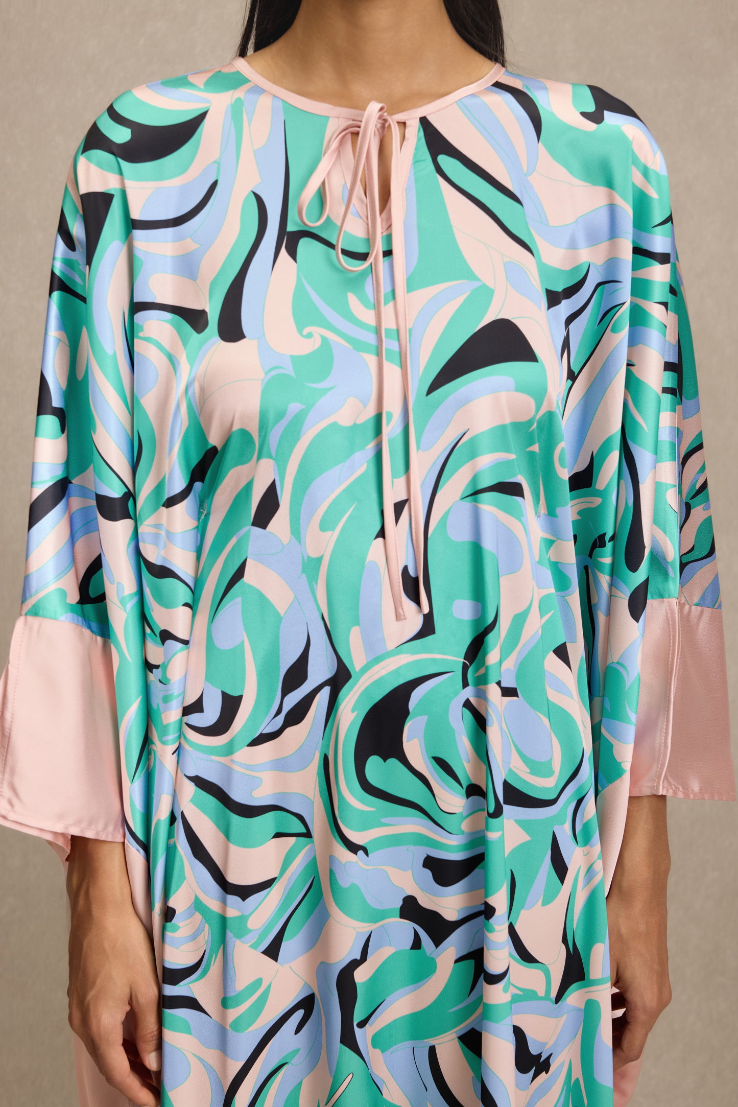 Abstract Print Batwing Sleeve Lace-Up Maxi Dress