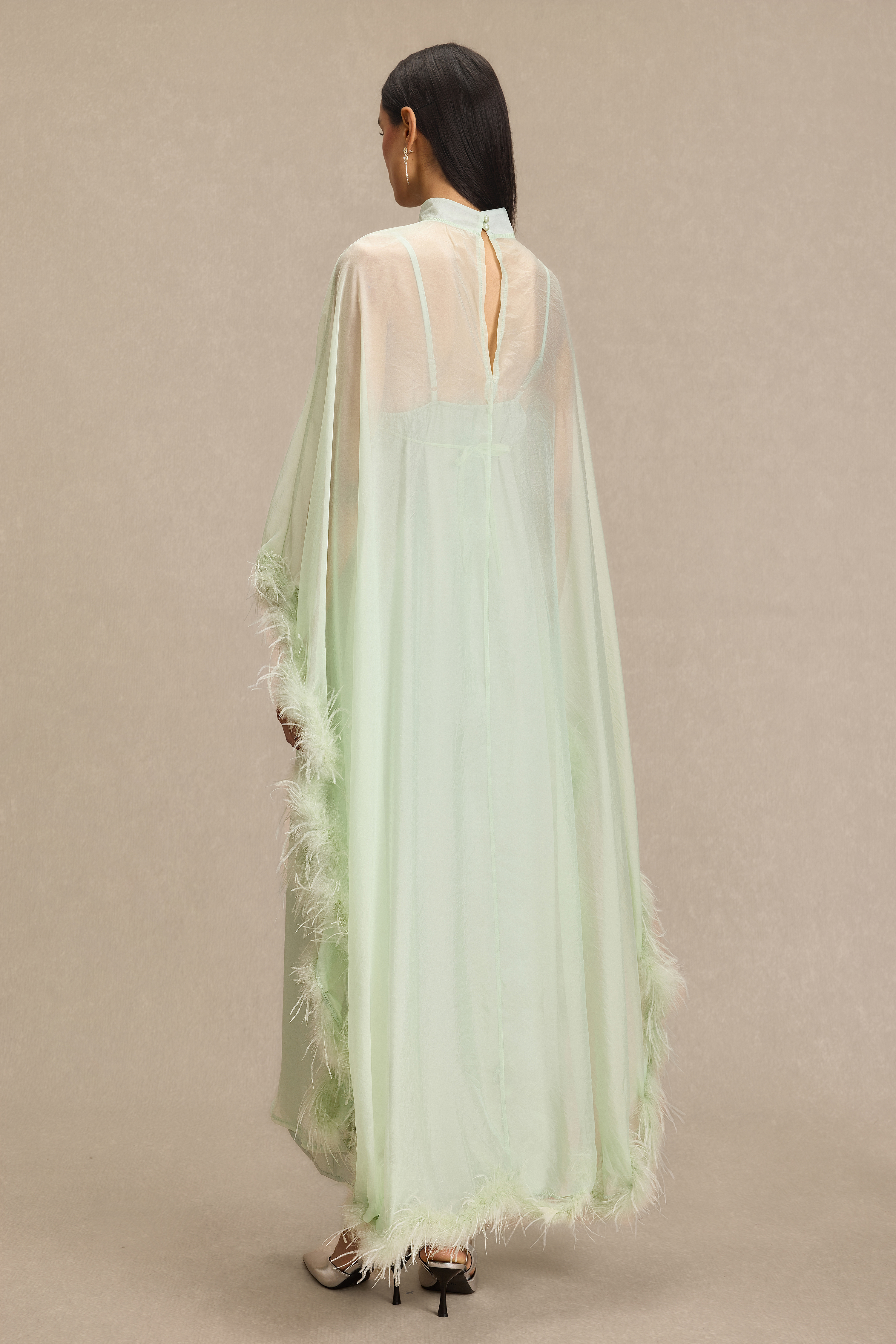 Feather Cape Stand Collar Maxi Dress