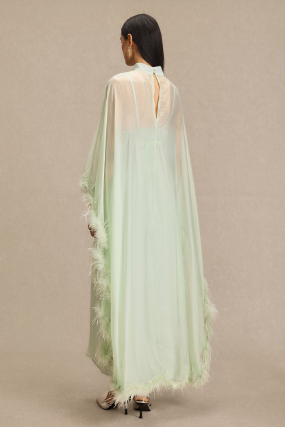 Feather Cape Stand Collar Maxi Dress