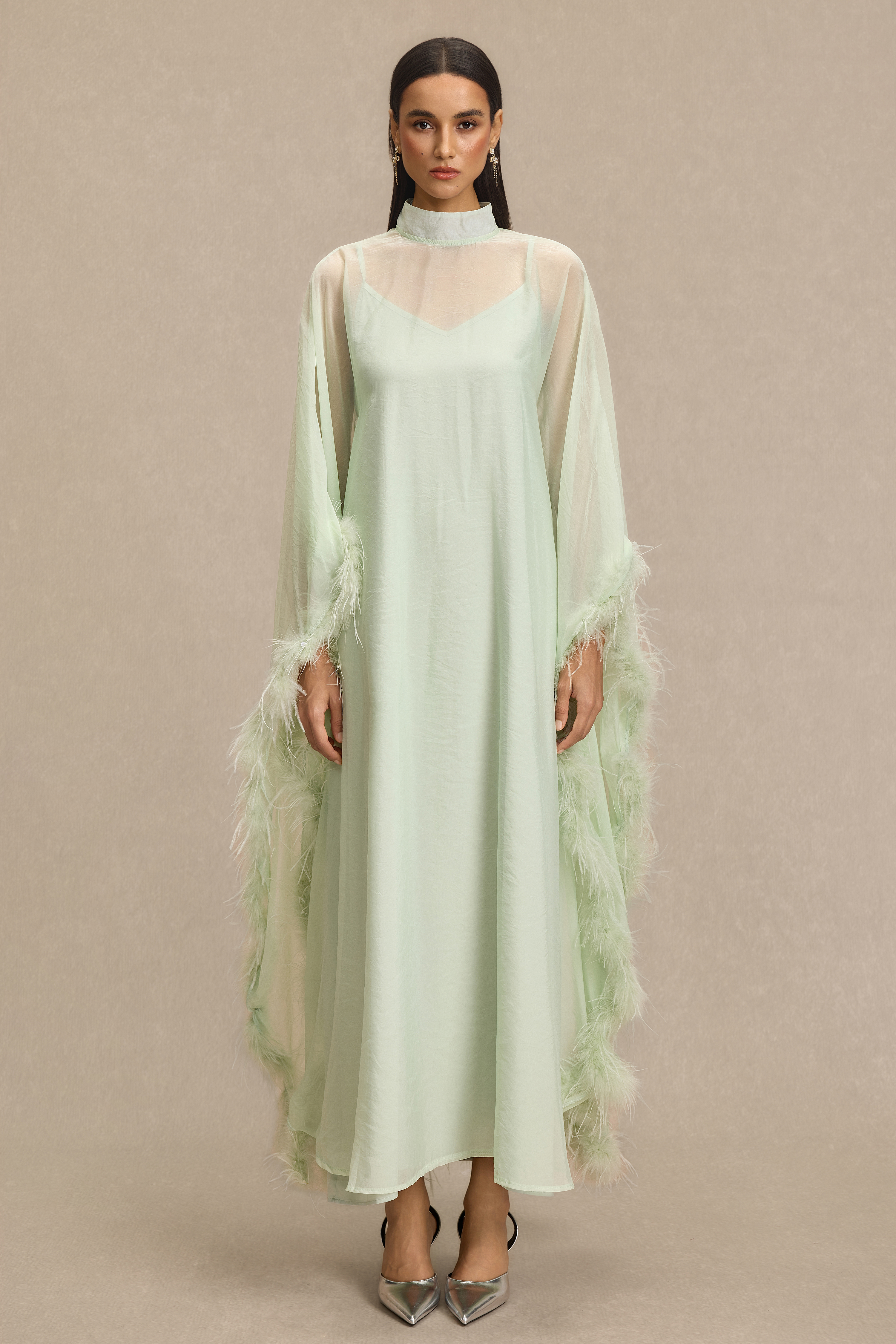 Feather Cape Stand Collar Maxi Dress