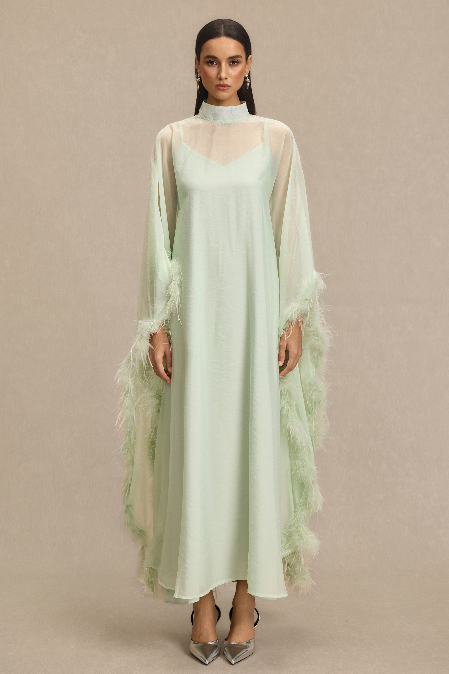 Feather Cape Stand Collar Maxi Dress