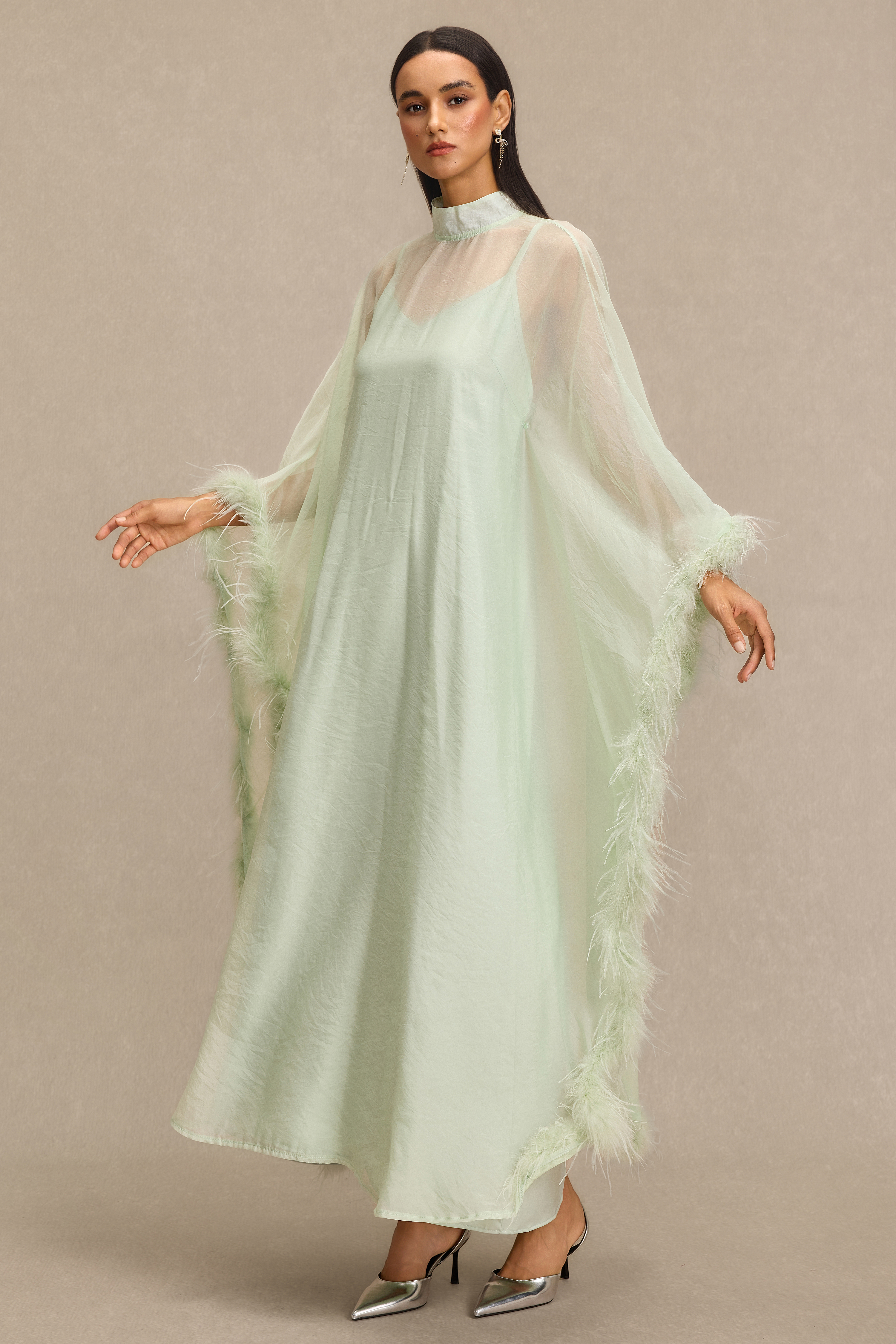 Feather Cape Stand Collar Maxi Dress