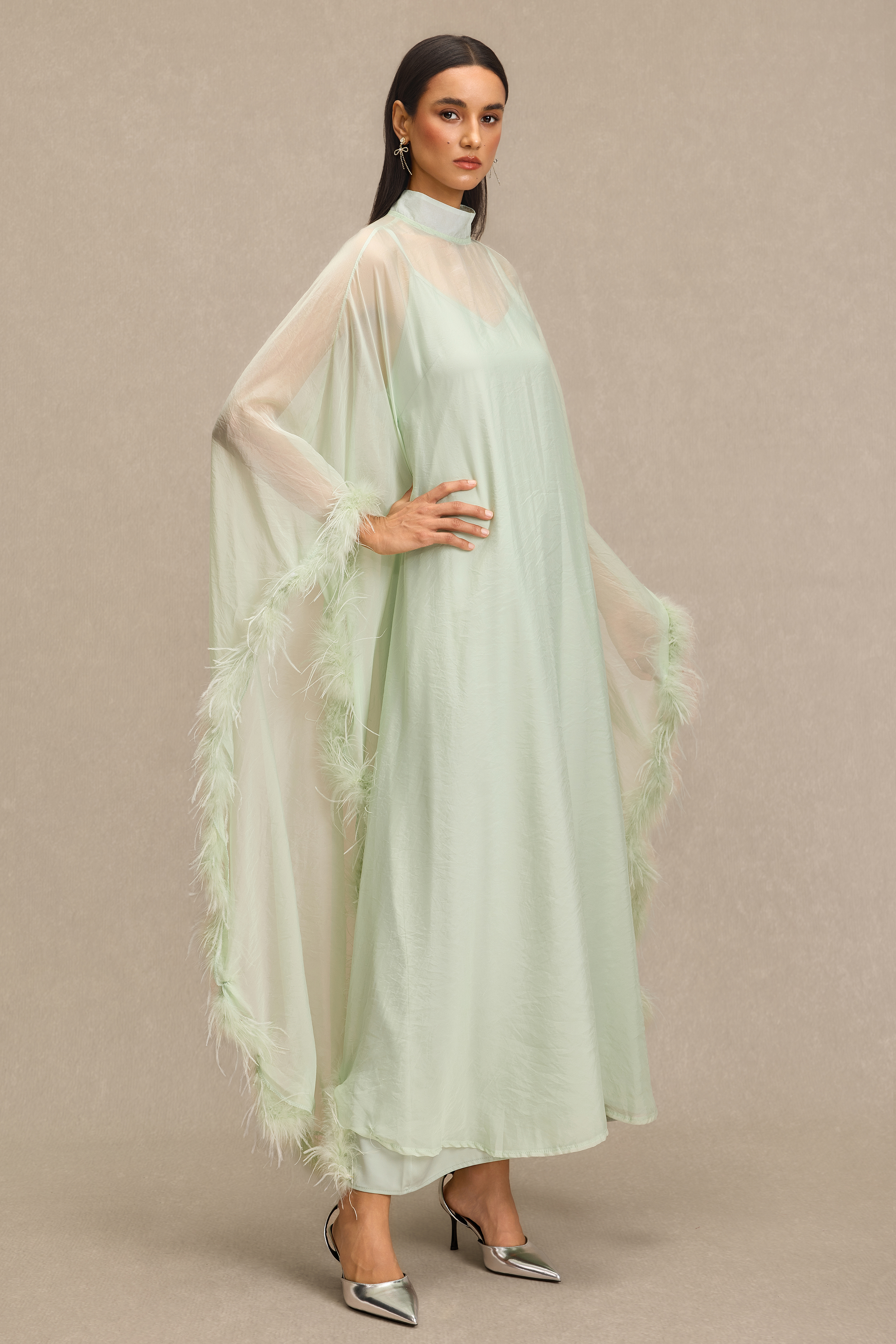 Feather Cape Stand Collar Maxi Dress
