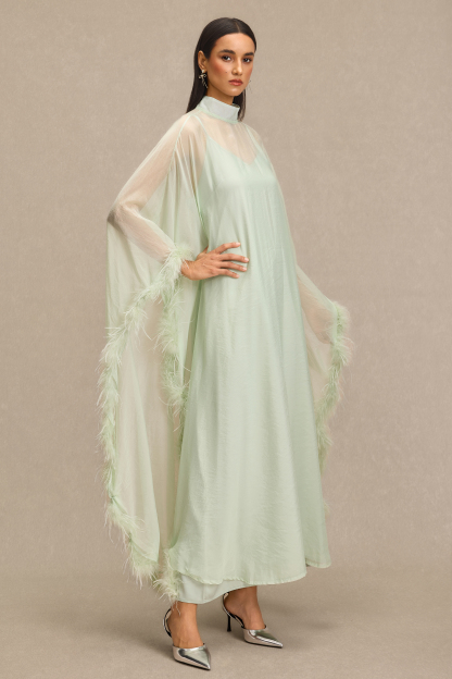 Feather Cape Stand Collar Maxi Dress